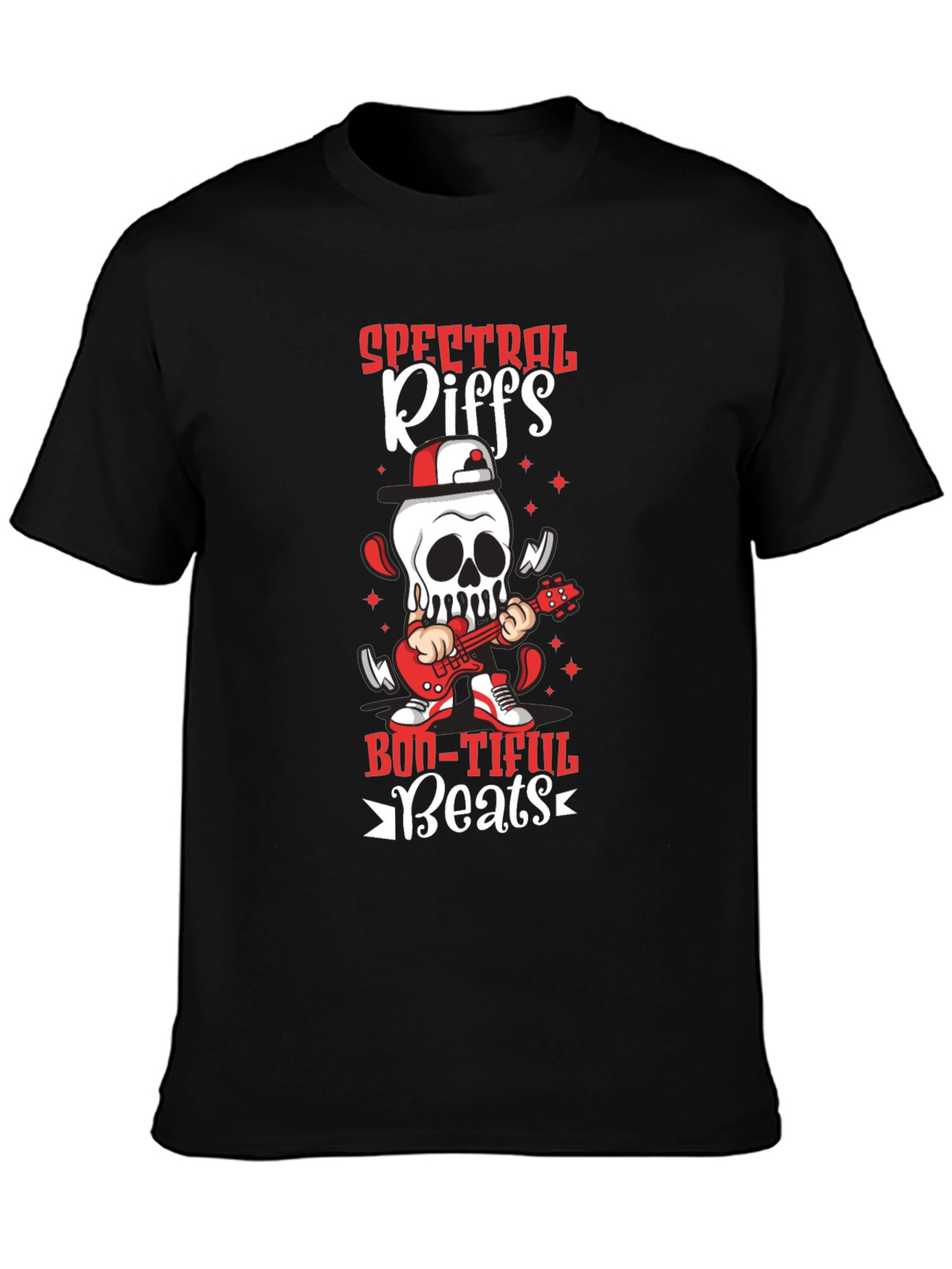 Black Spectral Riffs Boo-Tiful Beats T-Shirt - Rocking Skeleton view 3