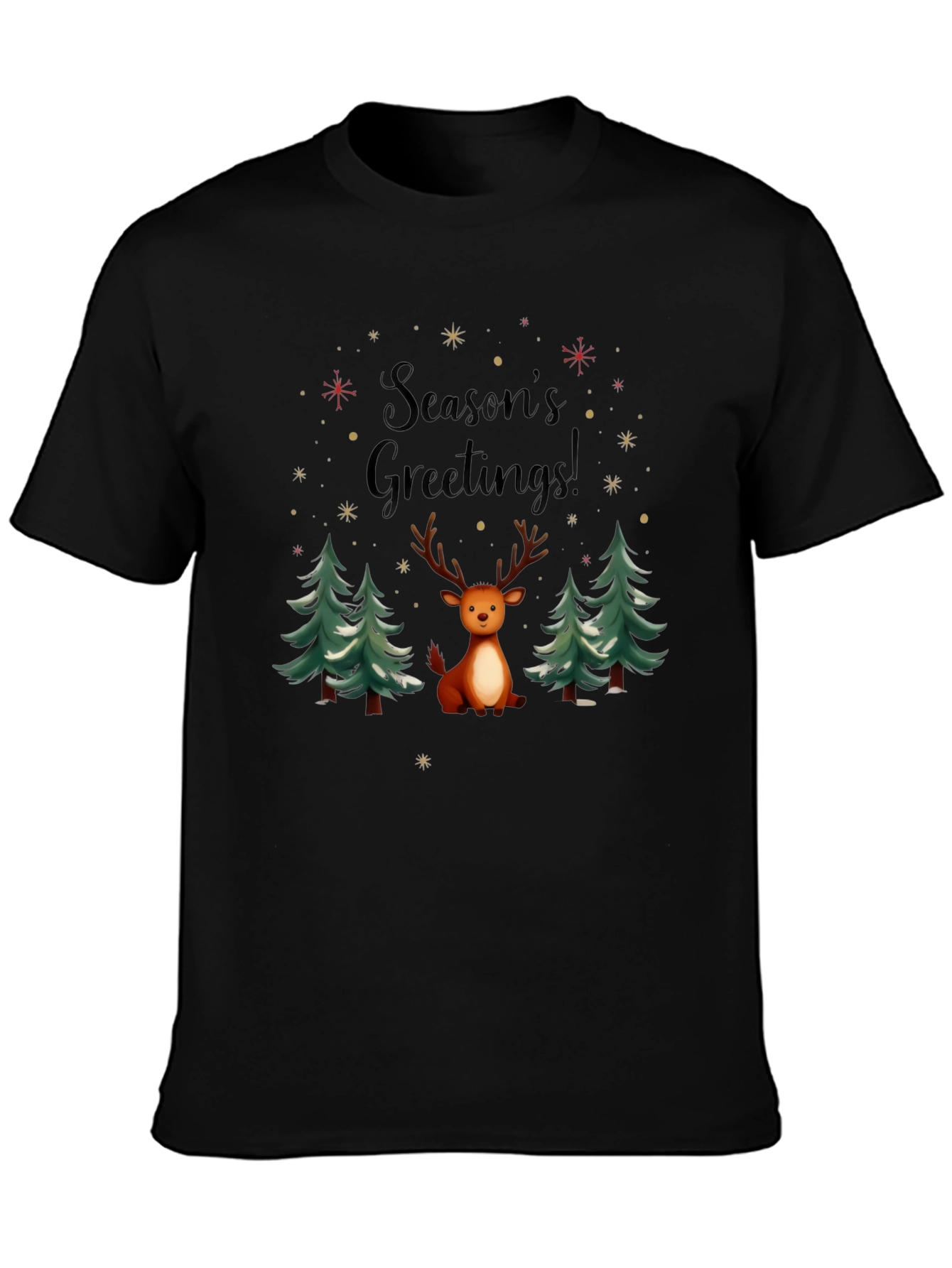 Black Season's Greetings Reindeer Holiday T-Shirt view 3