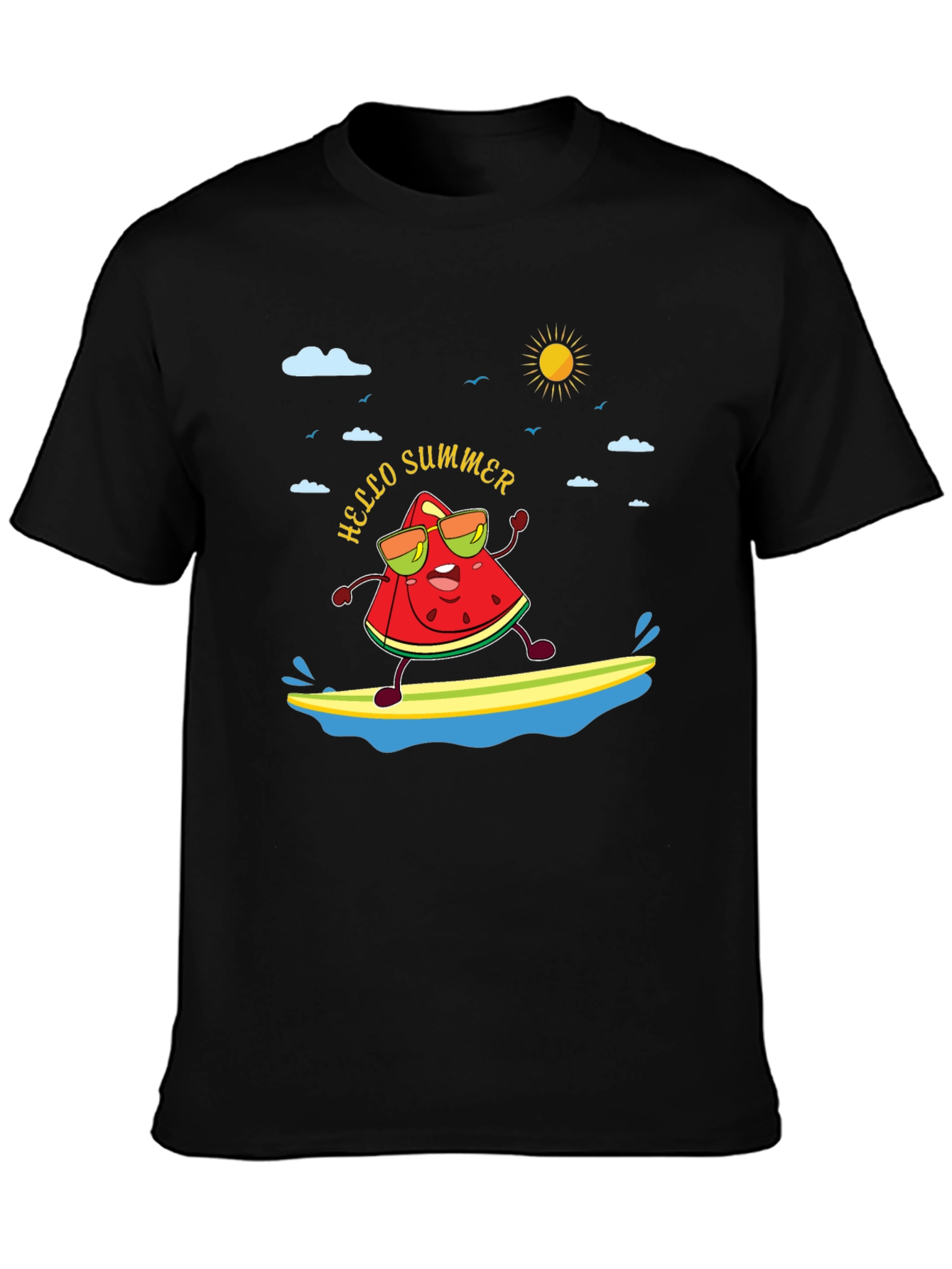 Black Hello Summer Watermelon Surfing T-Shirt view 3