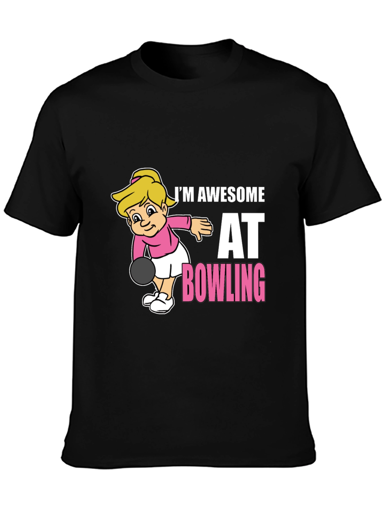 Black Awesome Bowler T-Shirt - Cartoon Girl Bowling Design view 3