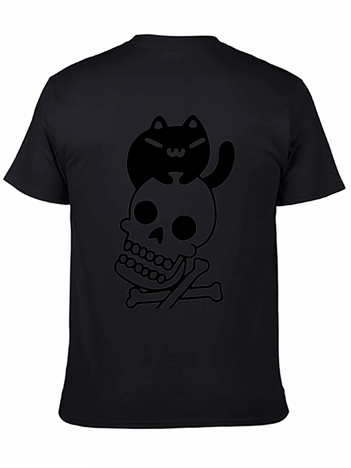 Black Skull and Cat Graphic Tee - Unisex Black T-Shirt view 4