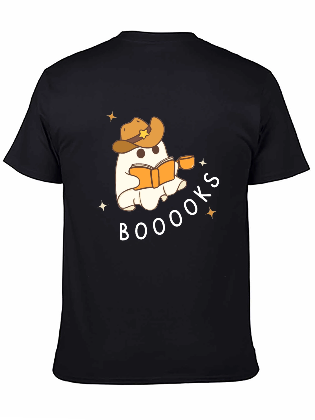 Black Booooks Ghost Reading Cowboy Hat T-Shirt view 4