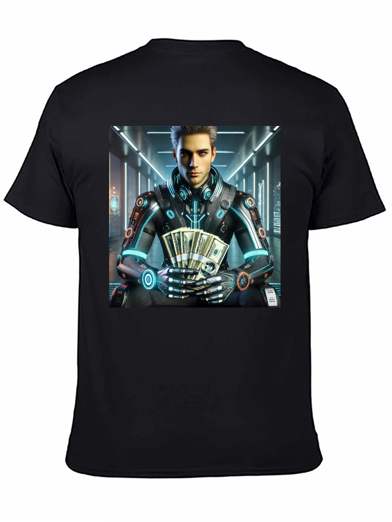 Black Cyberpunk Rich Guy T-Shirt - Futuristic Style view 4