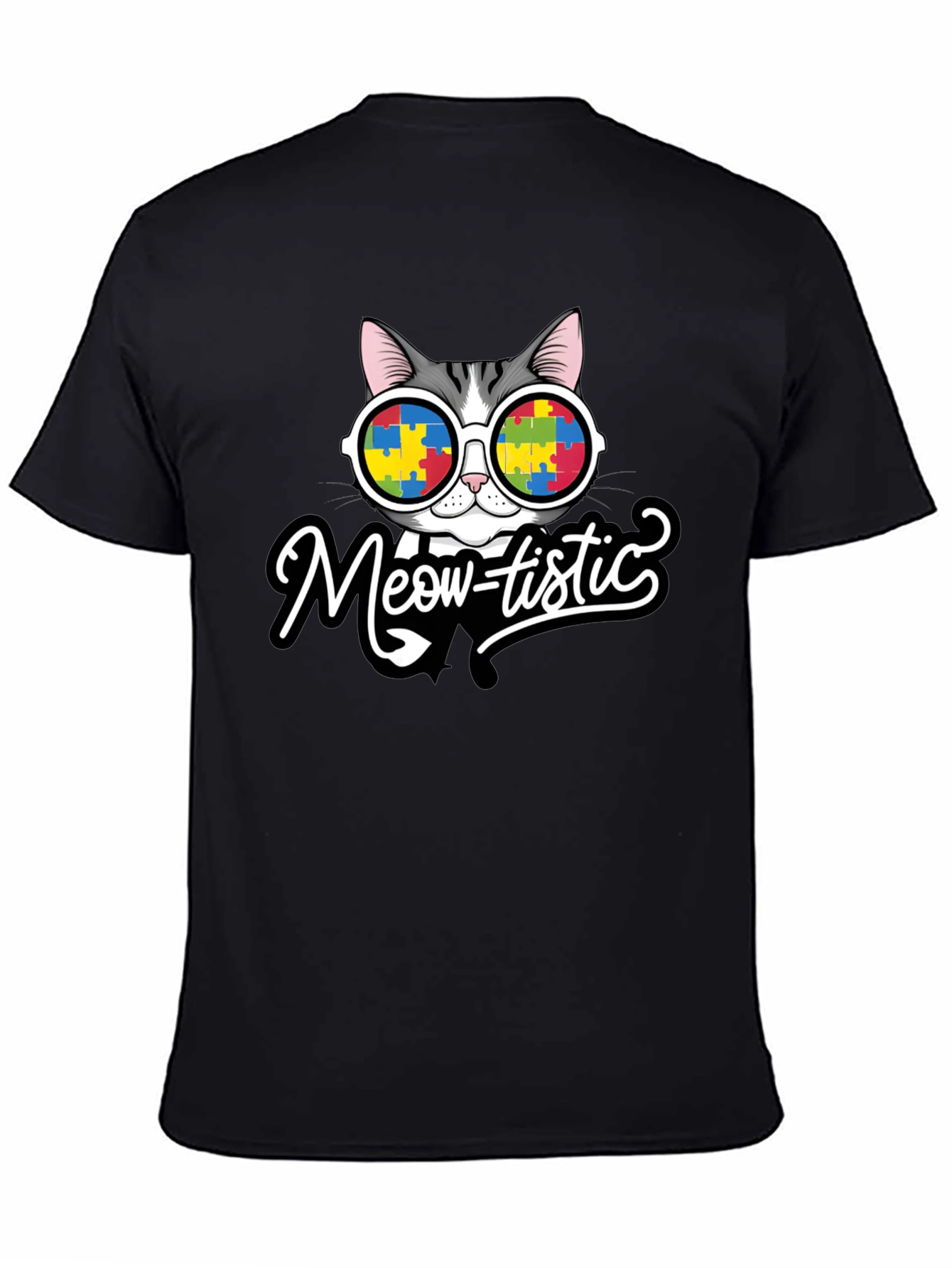 Black Meow-tistic Cat Autism Awareness T-Shirt view 4