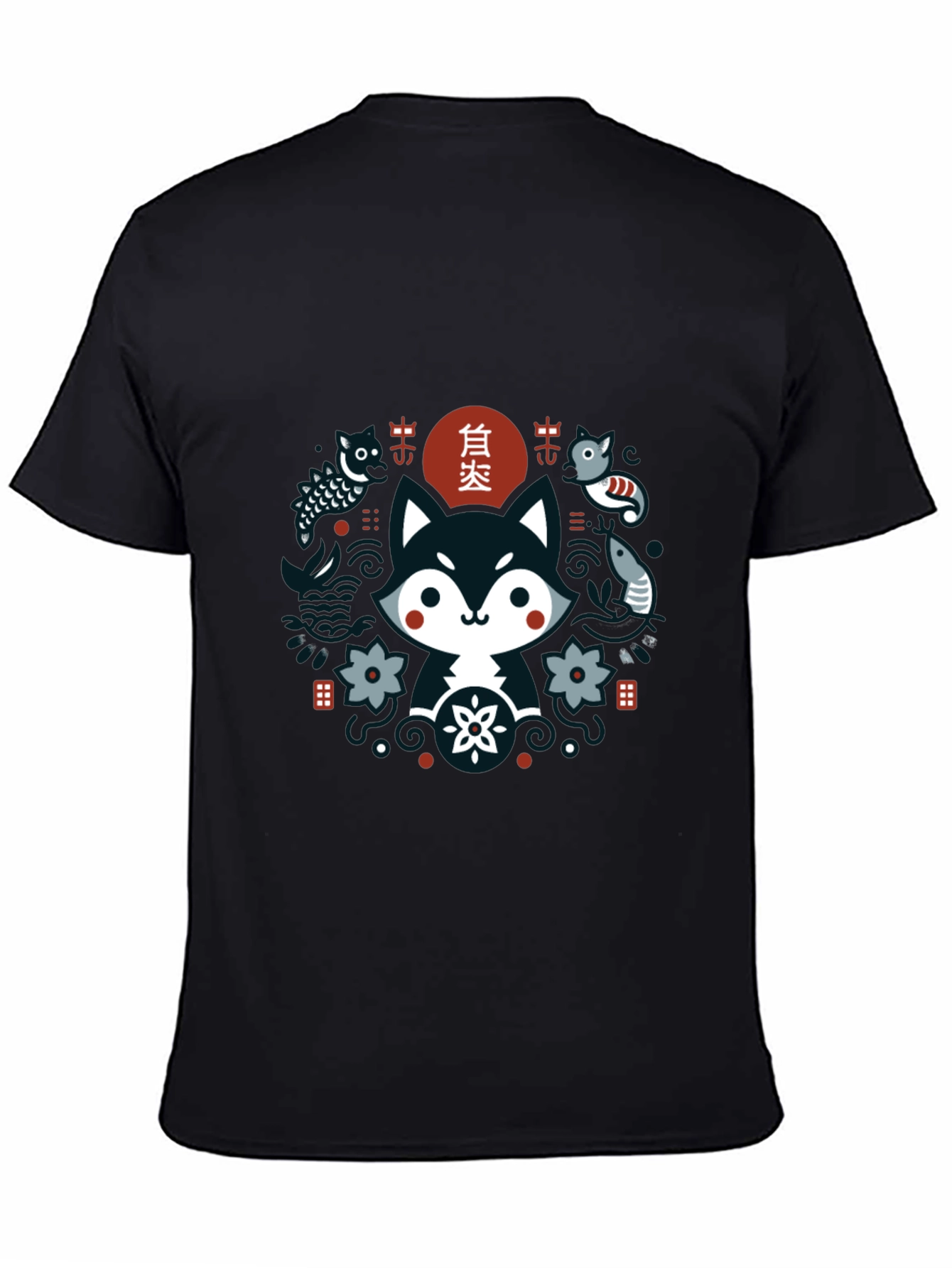 Black Cute Asian Inspired Fox Graphic T-Shirt - Black view 4