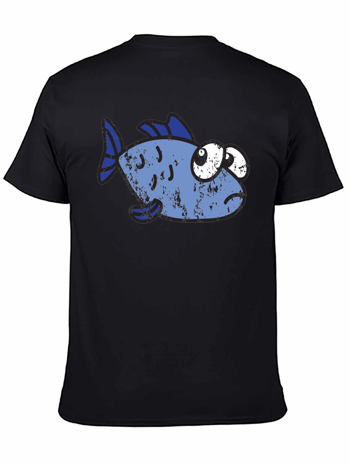 Black Funny Distressed Cartoon Fish Graphic T-Shirt view 4
