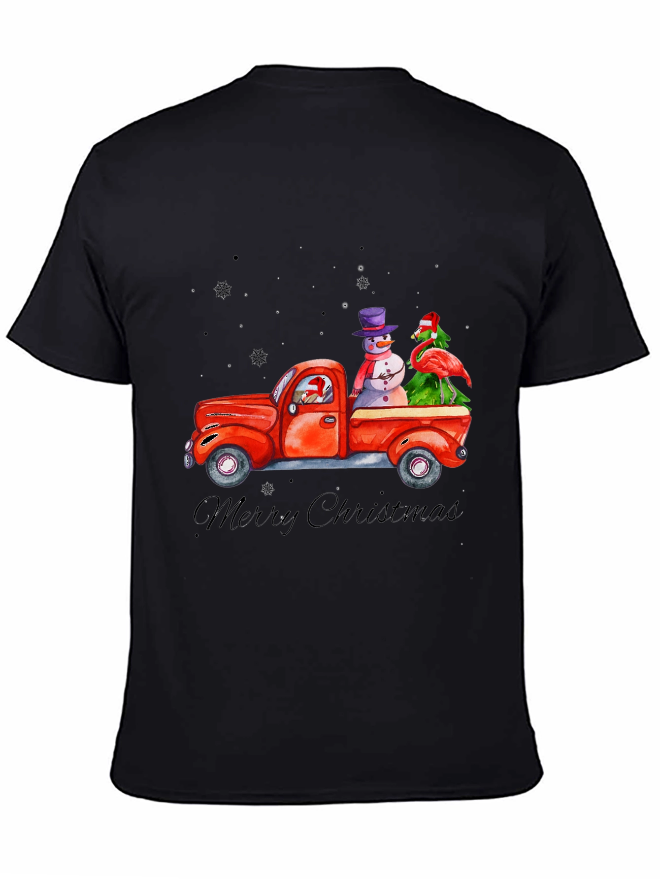 Black Christmas Truck T-Shirt with Snowman & Flamingo view 4