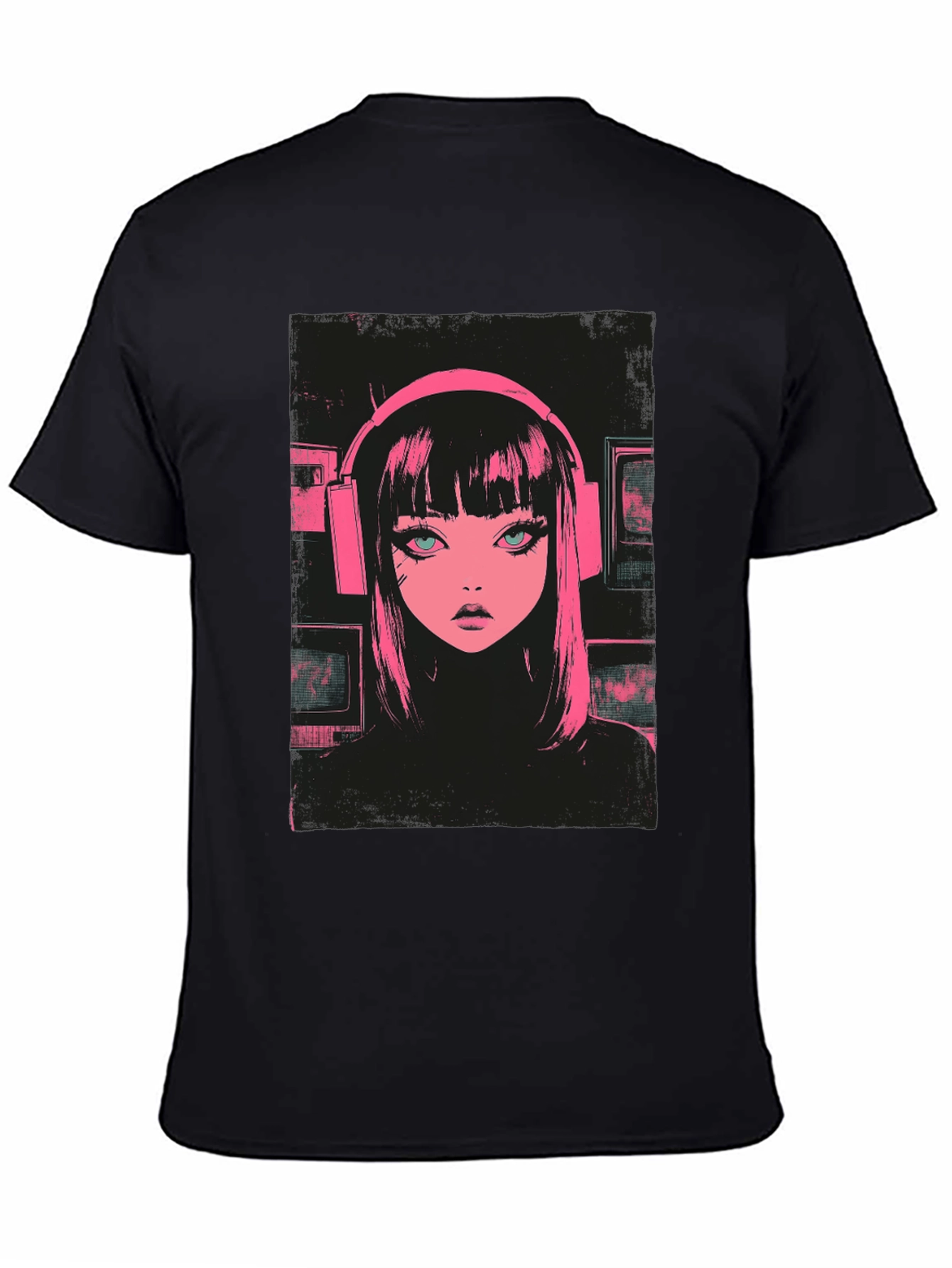 Black Anime Girl Pink Headphones Black T-Shirt view 4