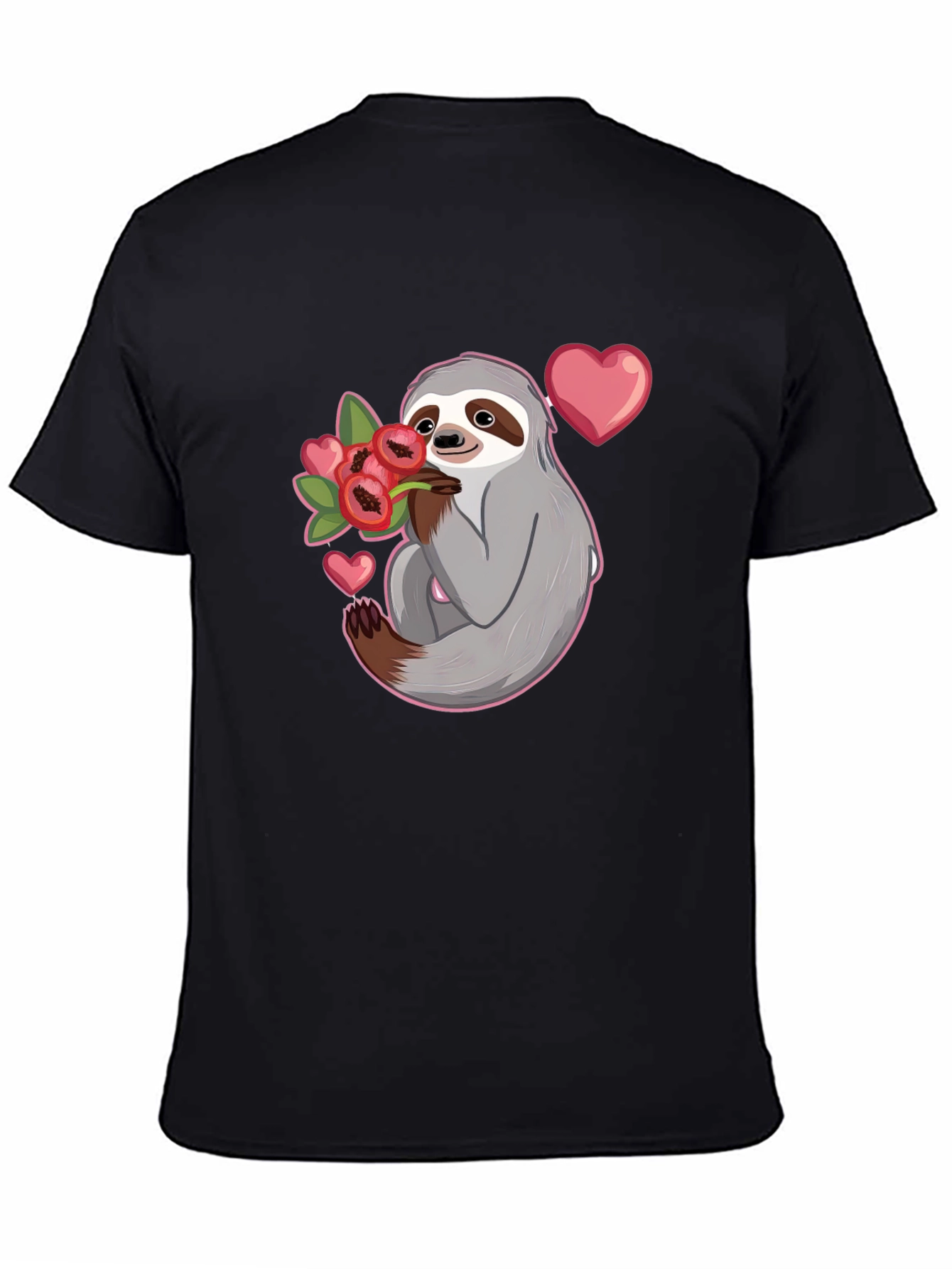 Black Sloth Holding Flowers T-Shirt - Cute Valentine's Day Gift view 4