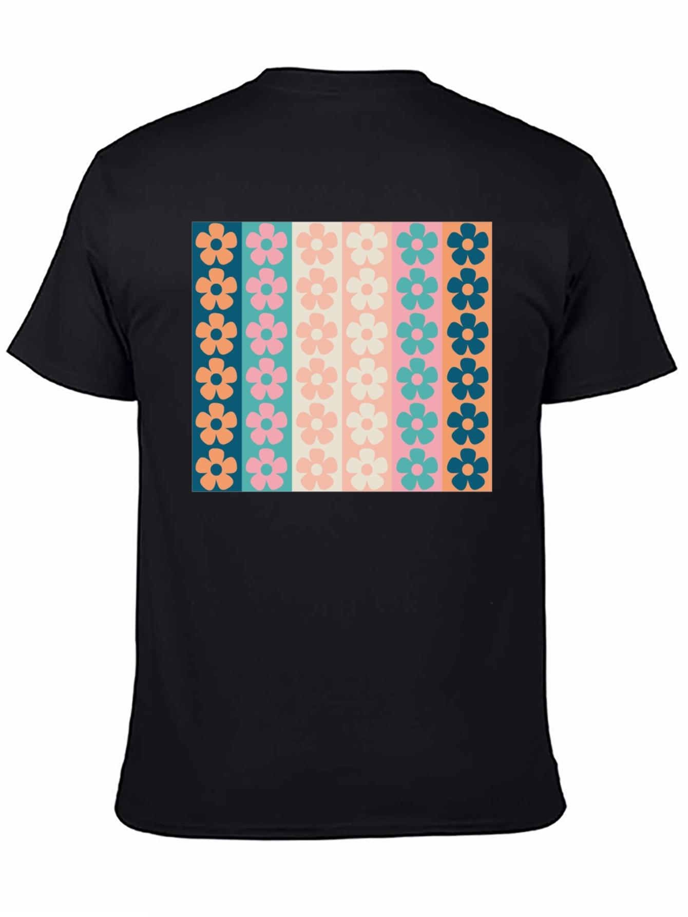 Black Retro Floral Stripe T-Shirt - Black Crew Neck Tee view 4