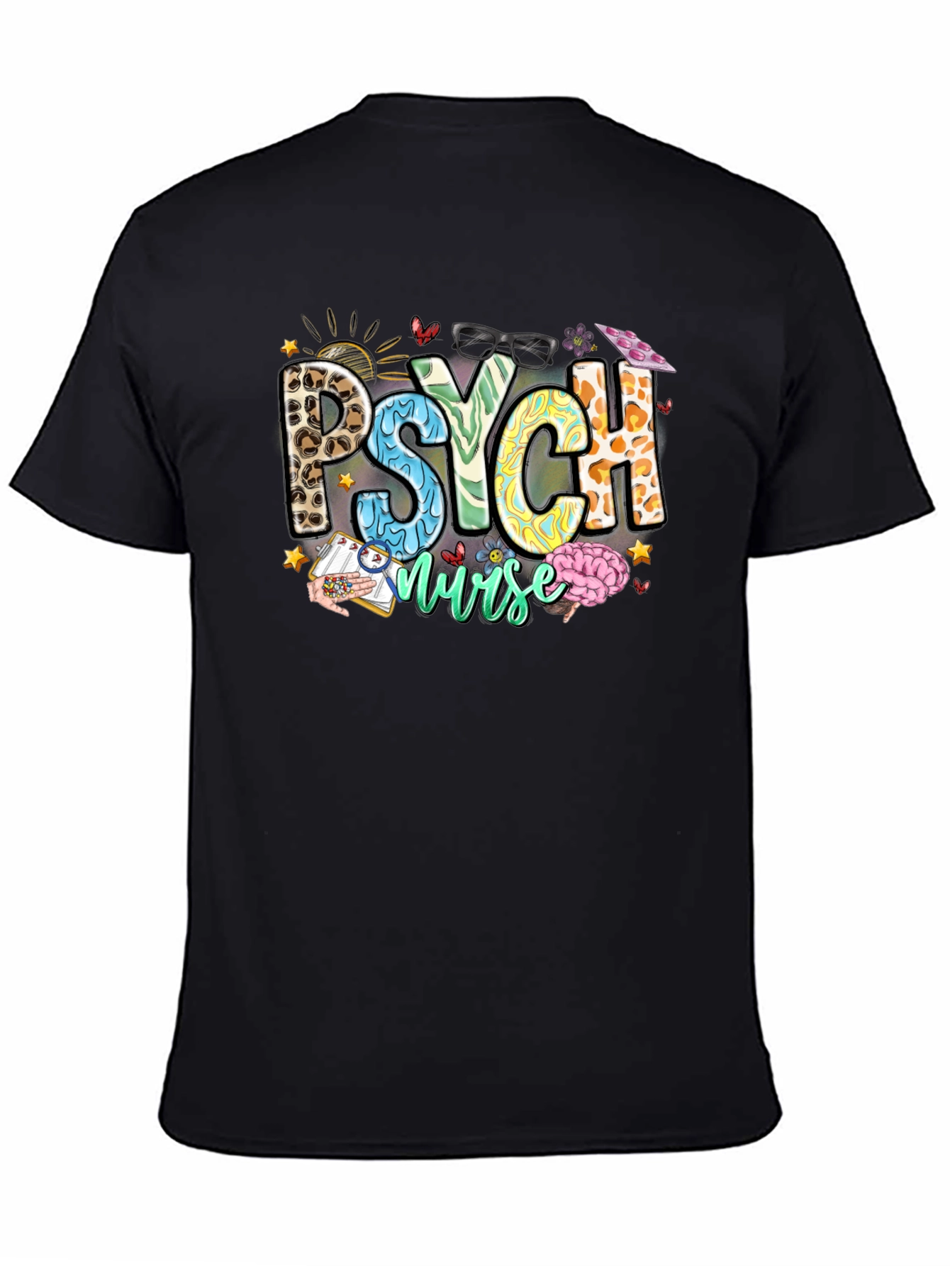 Black Psych Nurse T-Shirt - Leopard Print - Nursing Apparel view 4