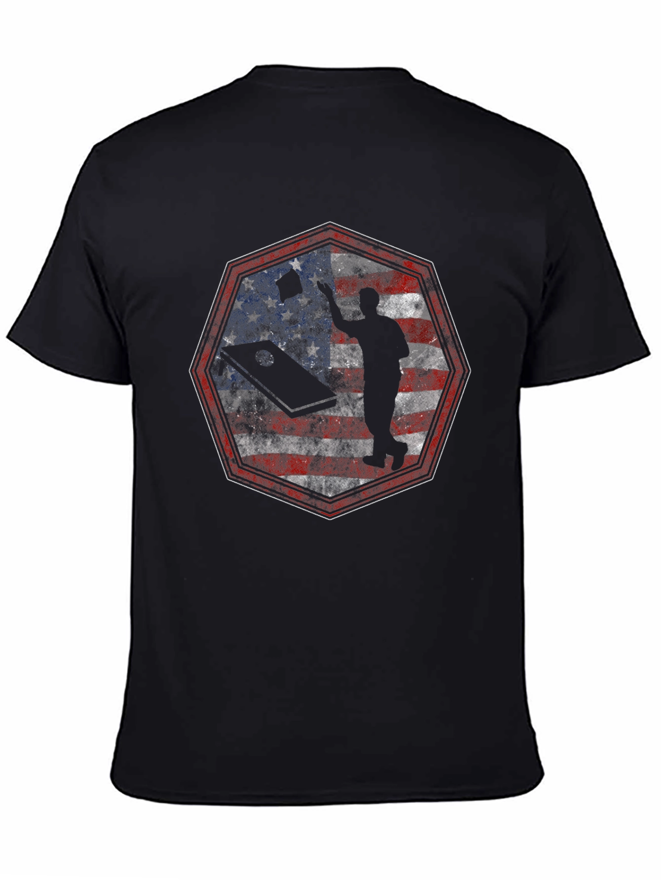 Black American Cornhole T-Shirt Patriotic USA Flag Tee view 4