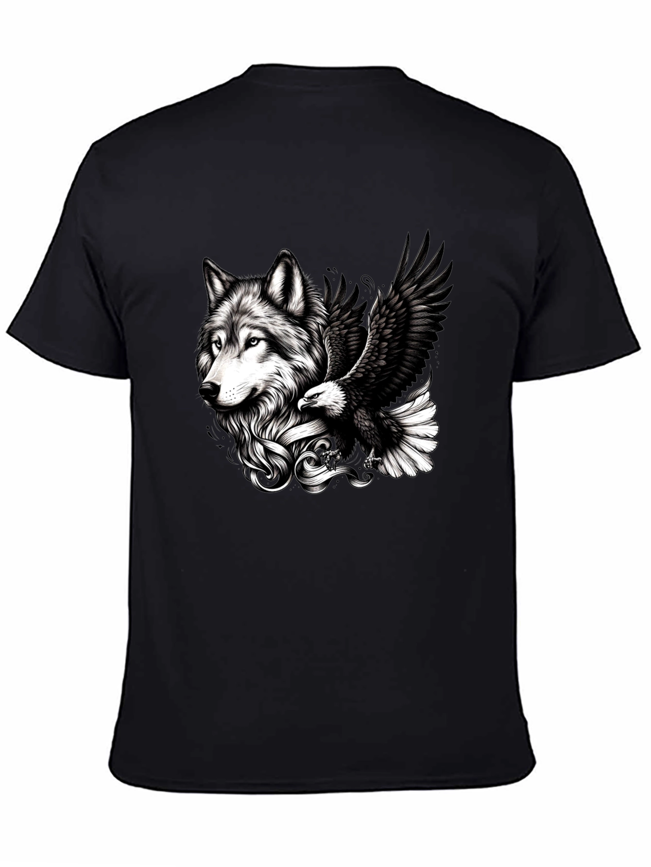 Black Wolf & Eagle Graphic Tee - Black Cotton Blend view 4