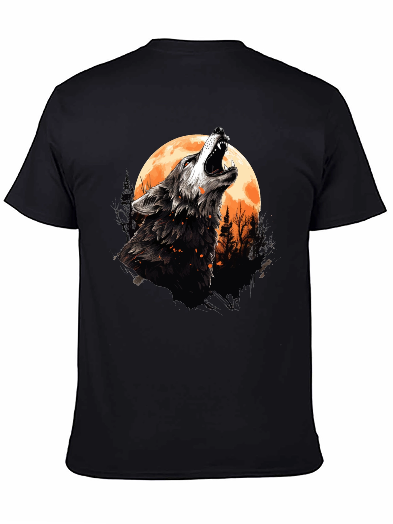 Black Wolf Howling at Moon Graphic Tee - Black Cotton view 4