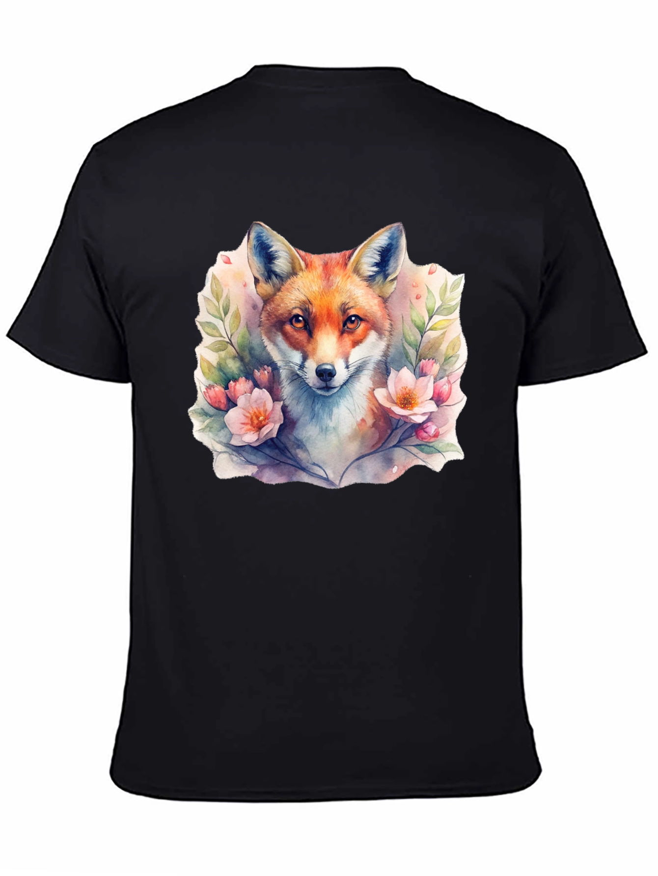 Black Fox Floral Watercolor Graphic Tee - Unisex Black T-Shirt view 4