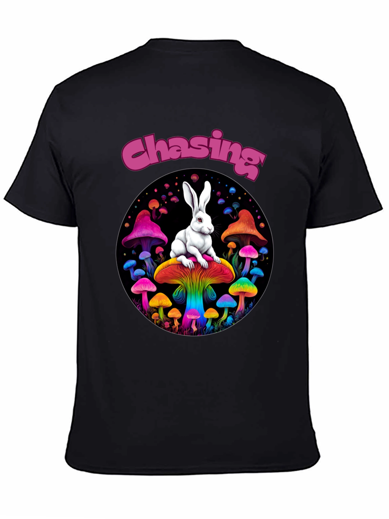 Black Chasing Rabbit Mushroom Graphic Tee view 4