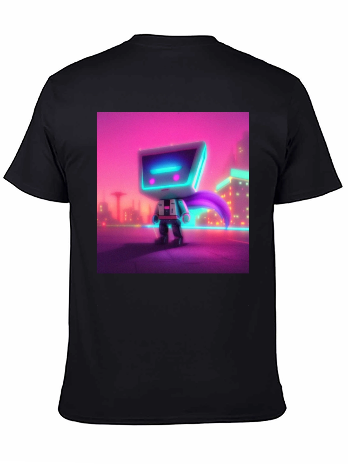 Black Cyberpunk Robot T-Shirt - Neon City Hero view 4