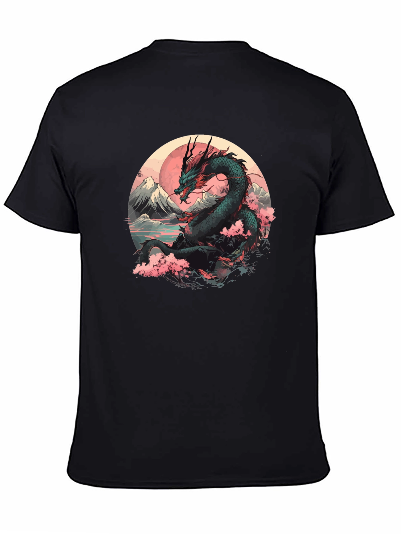 Black Dragon & Sakura Blossom Graphic Black T-Shirt view 4