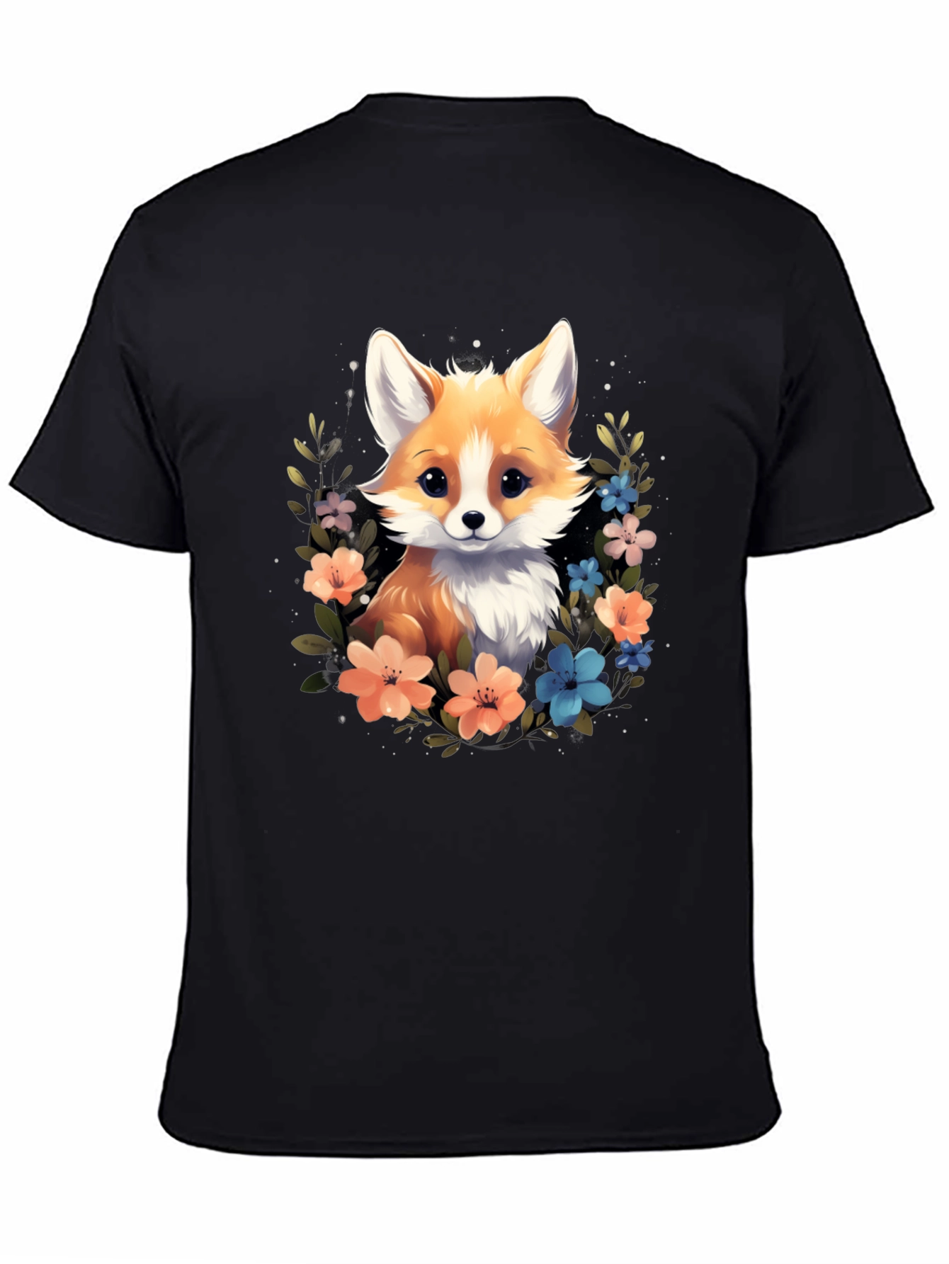 Black Cute Fox Floral Black T-Shirt view 4