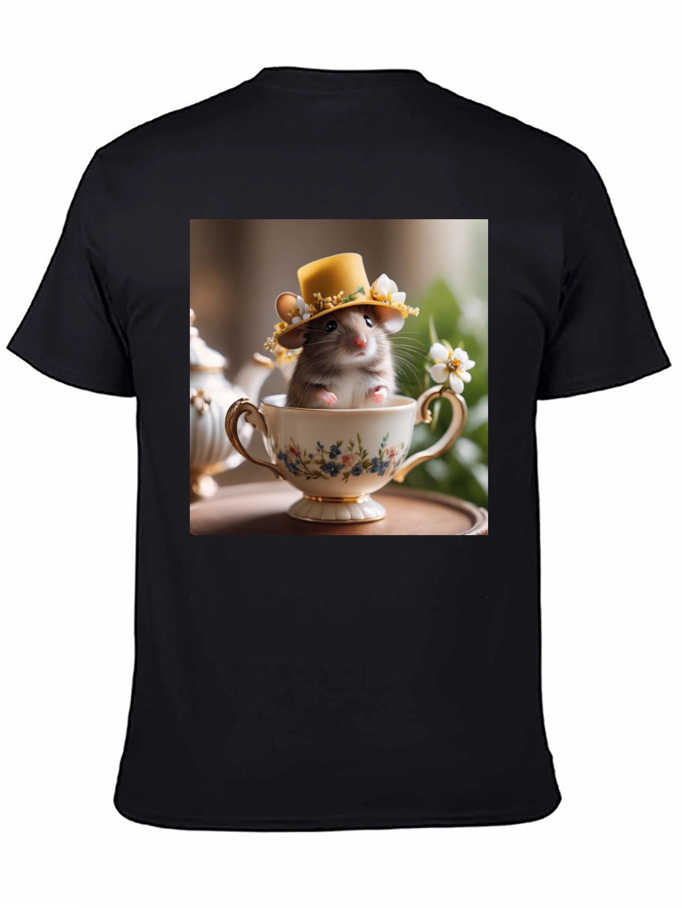 Black Cute Hamster in Teacup Graphic Tee view 4