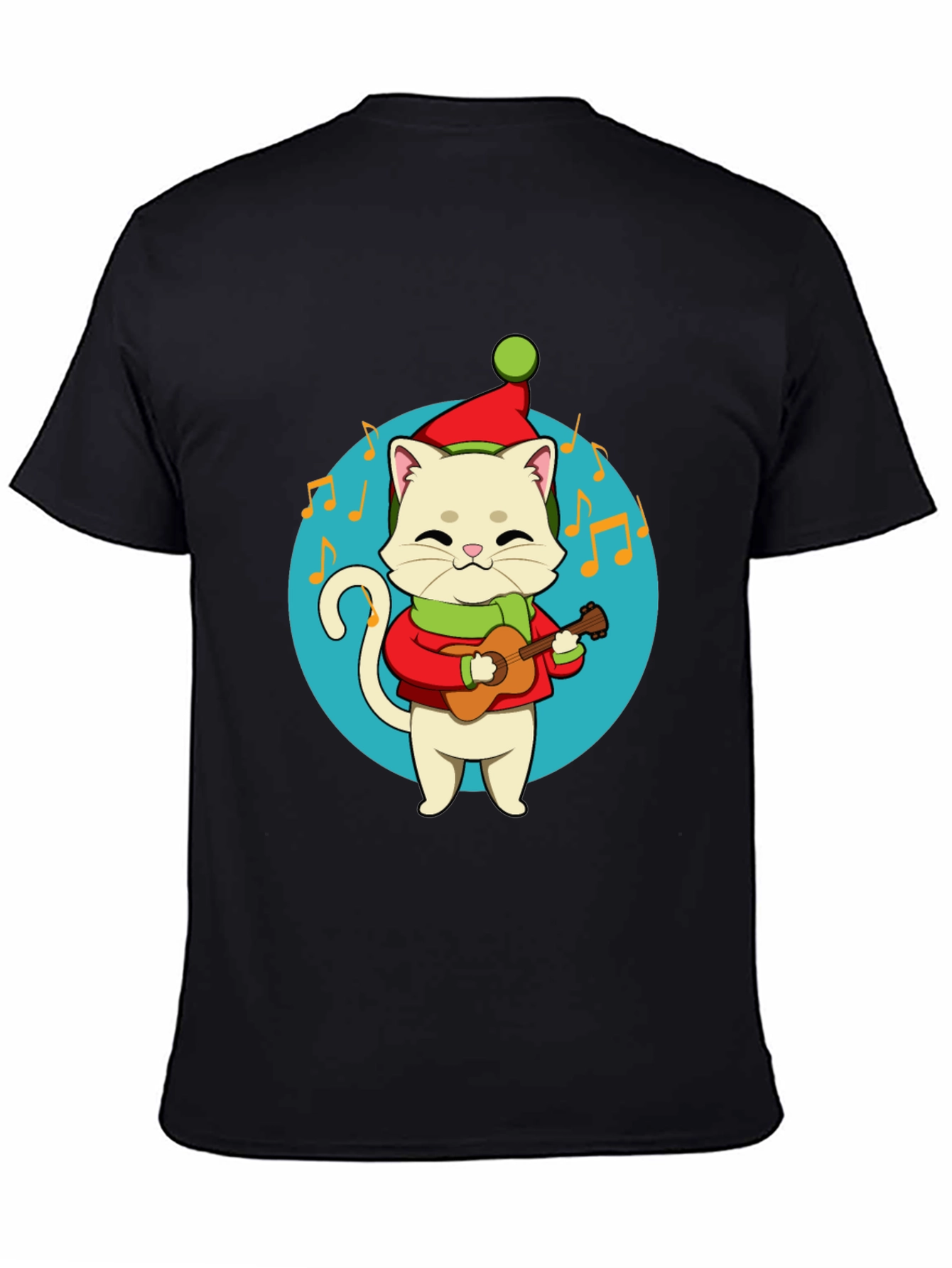 Black Festive Cat Guitarist Graphic Tee - Holiday Cheer! view 4