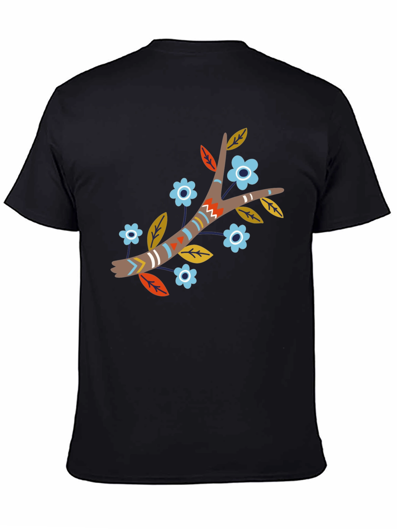 Black Boho Floral Branch Print Black T-Shirt view 4