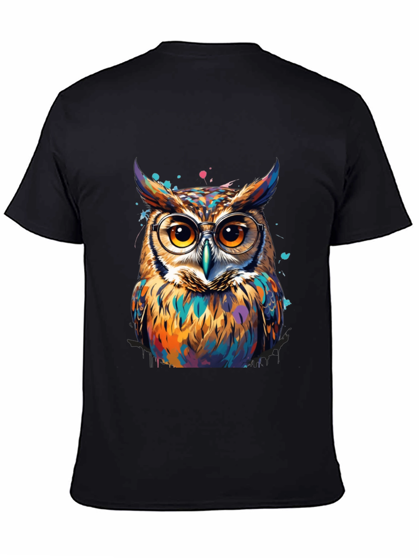 Black Colorful Owl Graphic Tee - Unisex Cotton T-Shirt view 4