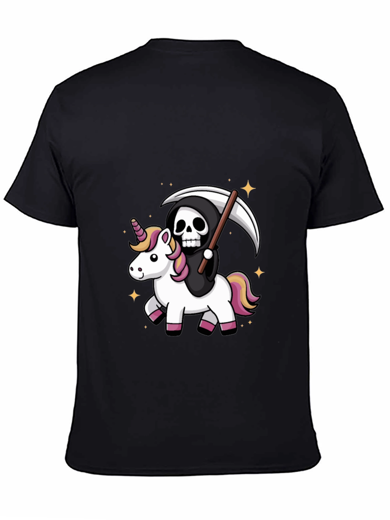 Black Grim Reaper Riding Unicorn T-Shirt view 4
