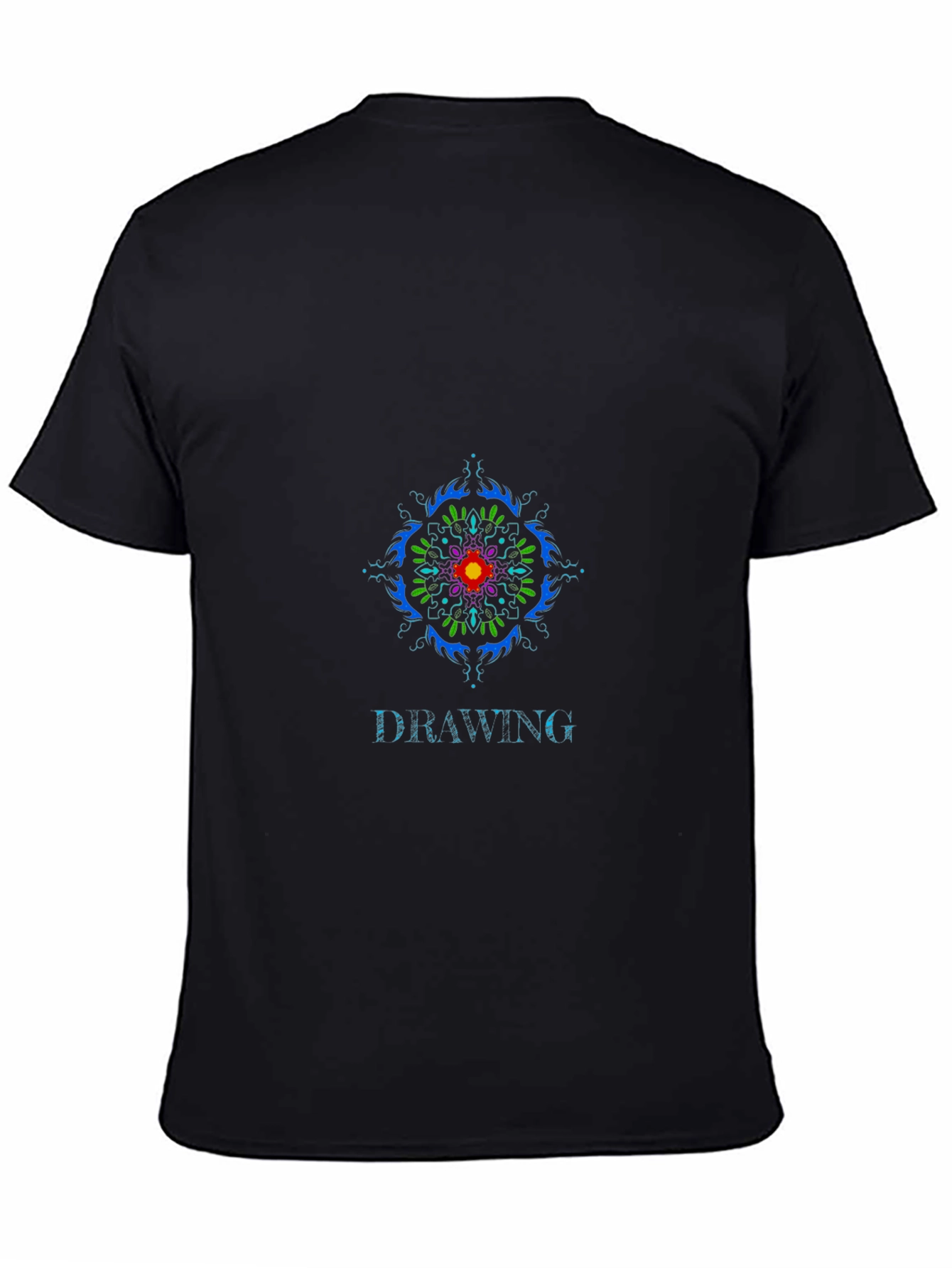 Black Drawing Graphic Tee: Colorful Mandala Design view 4
