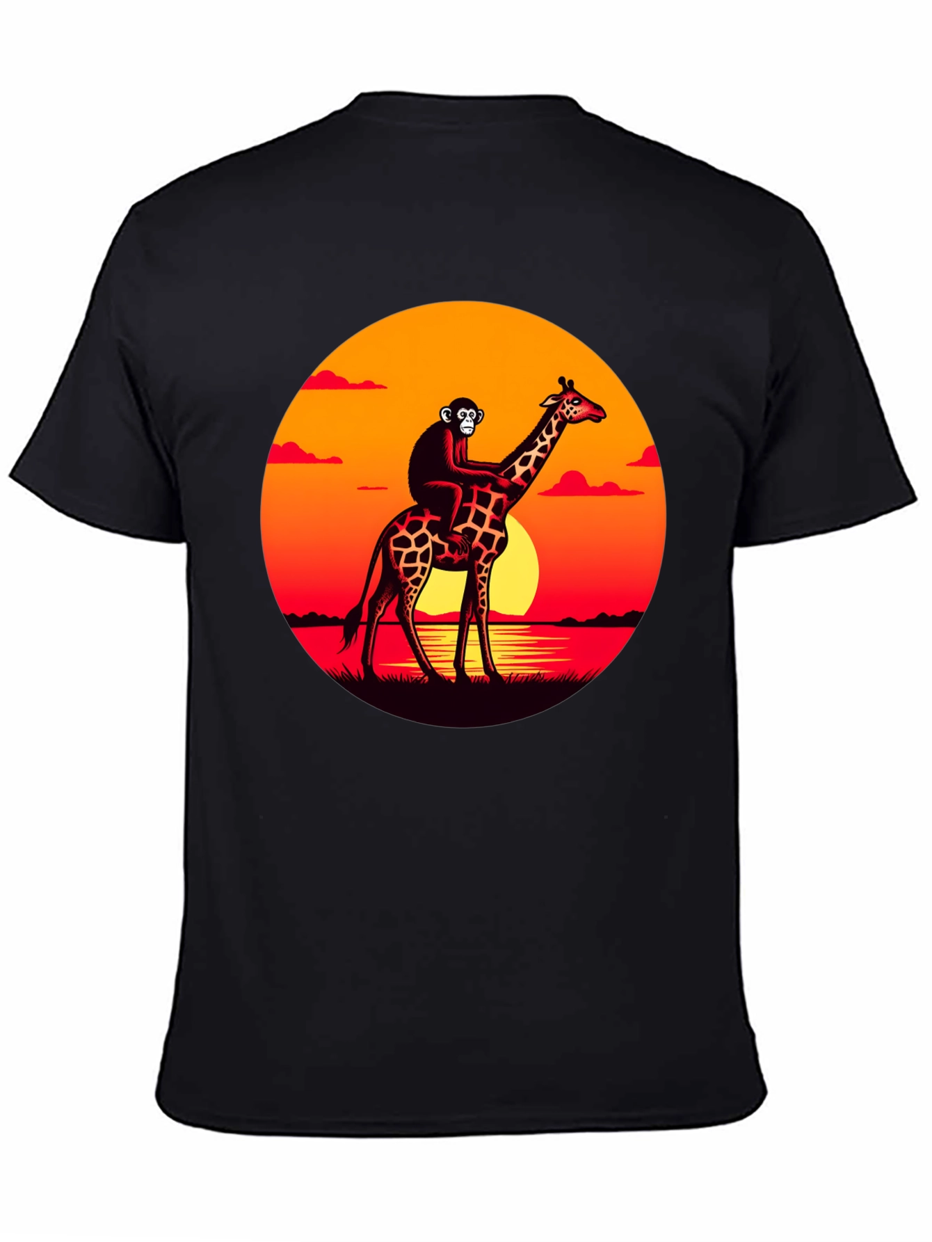 Black Monkey Riding Giraffe Sunset Graphic Tee view 4