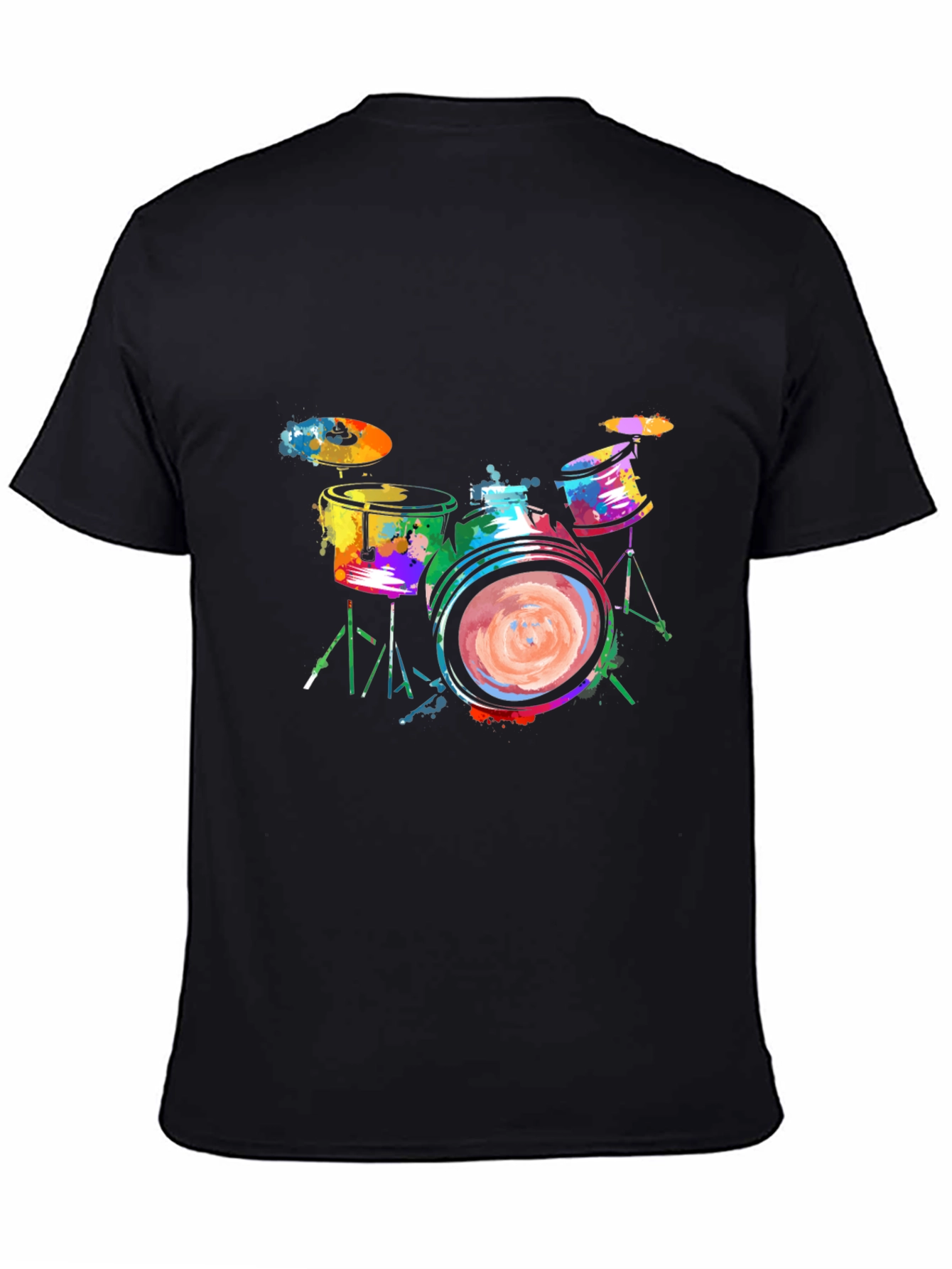 Black Colorful Drums Graphic Tee - Black Cotton T-Shirt view 4