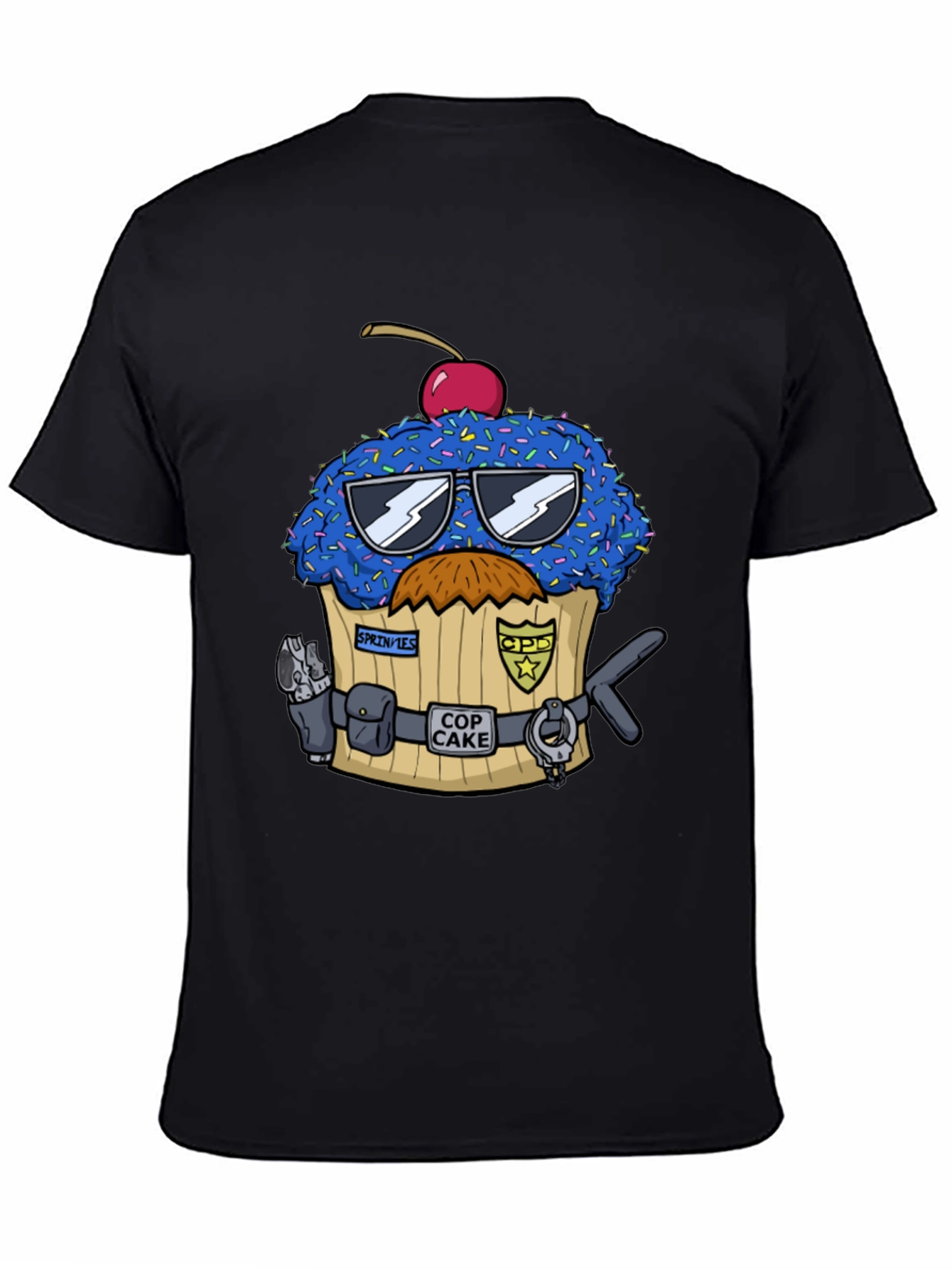 Black Cop Cake Graphic T-Shirt - Novelty Dessert Tee view 4