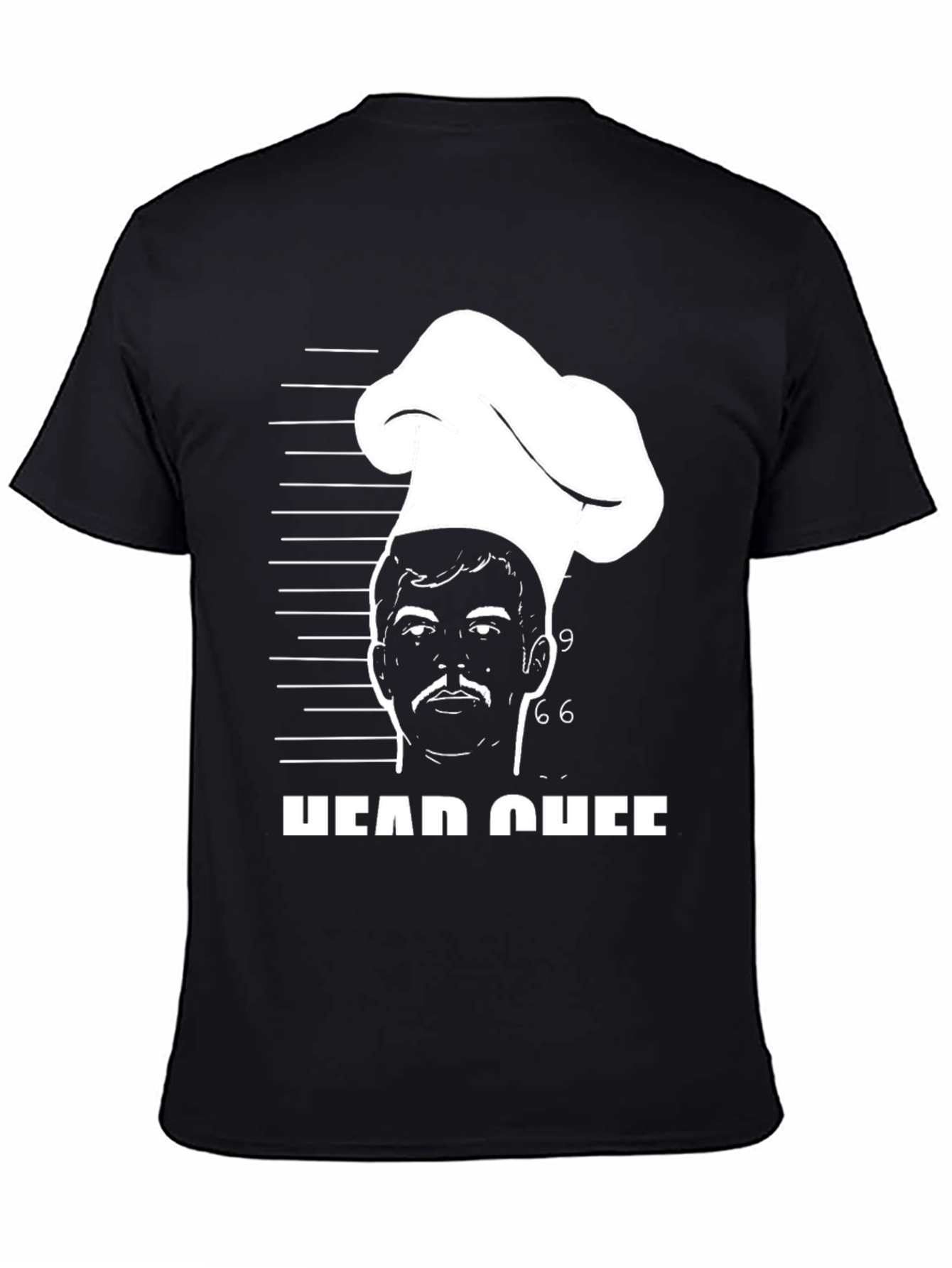 Black Head Chef Mugshot T-Shirt - Culinary Humor Tee view 4