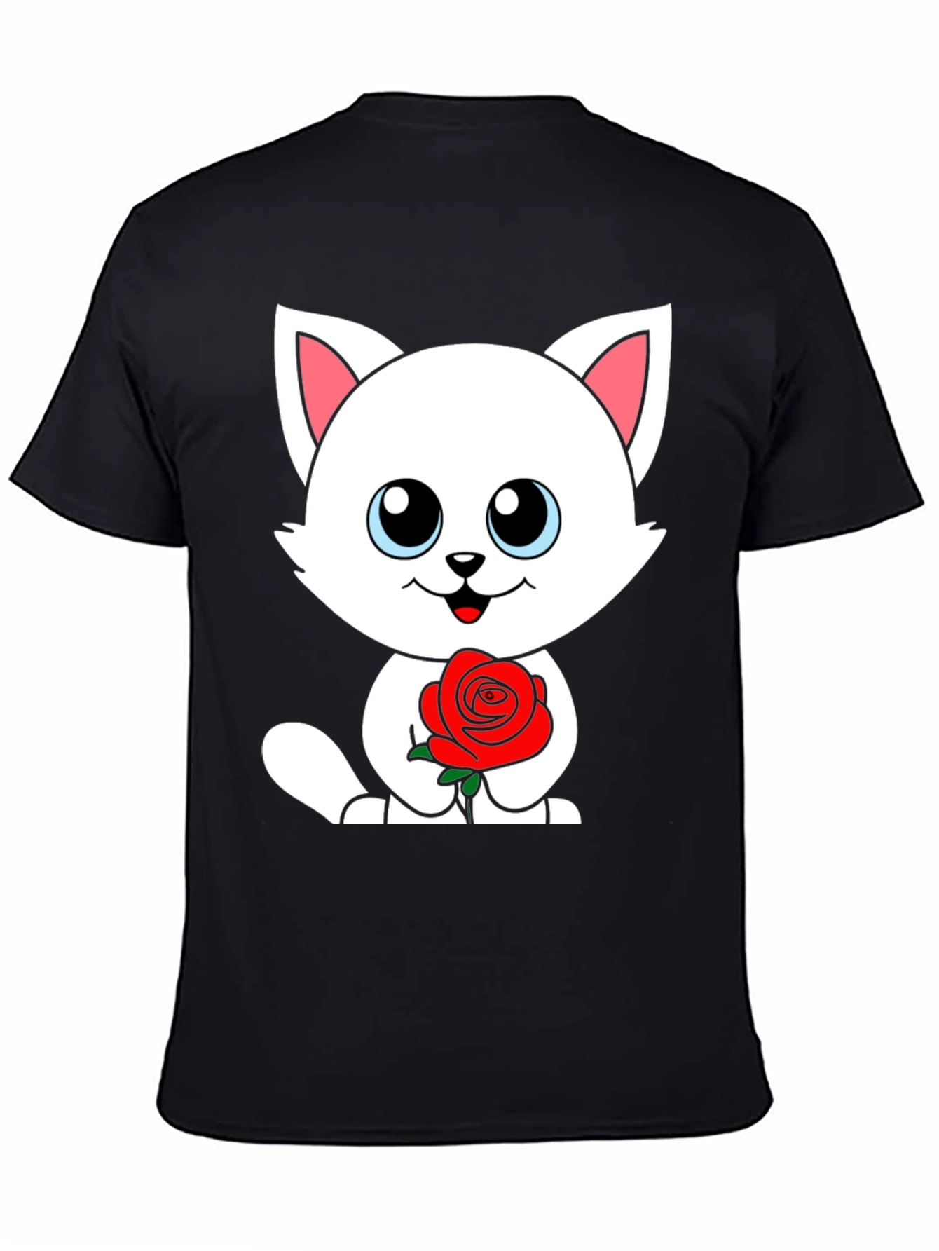 Black Cute Cat Rose Graphic Black T-Shirt view 4