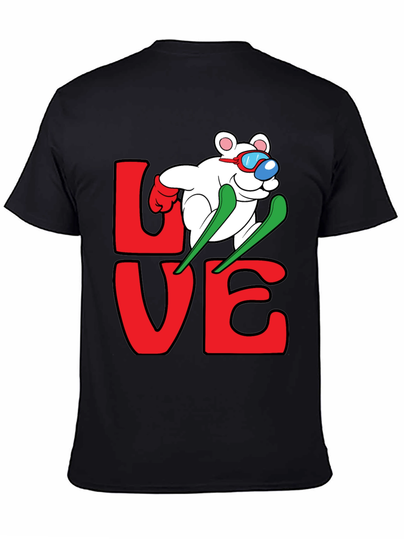 Black Skiing Bear Love Graphic Tee - Black Cotton T-Shirt view 4
