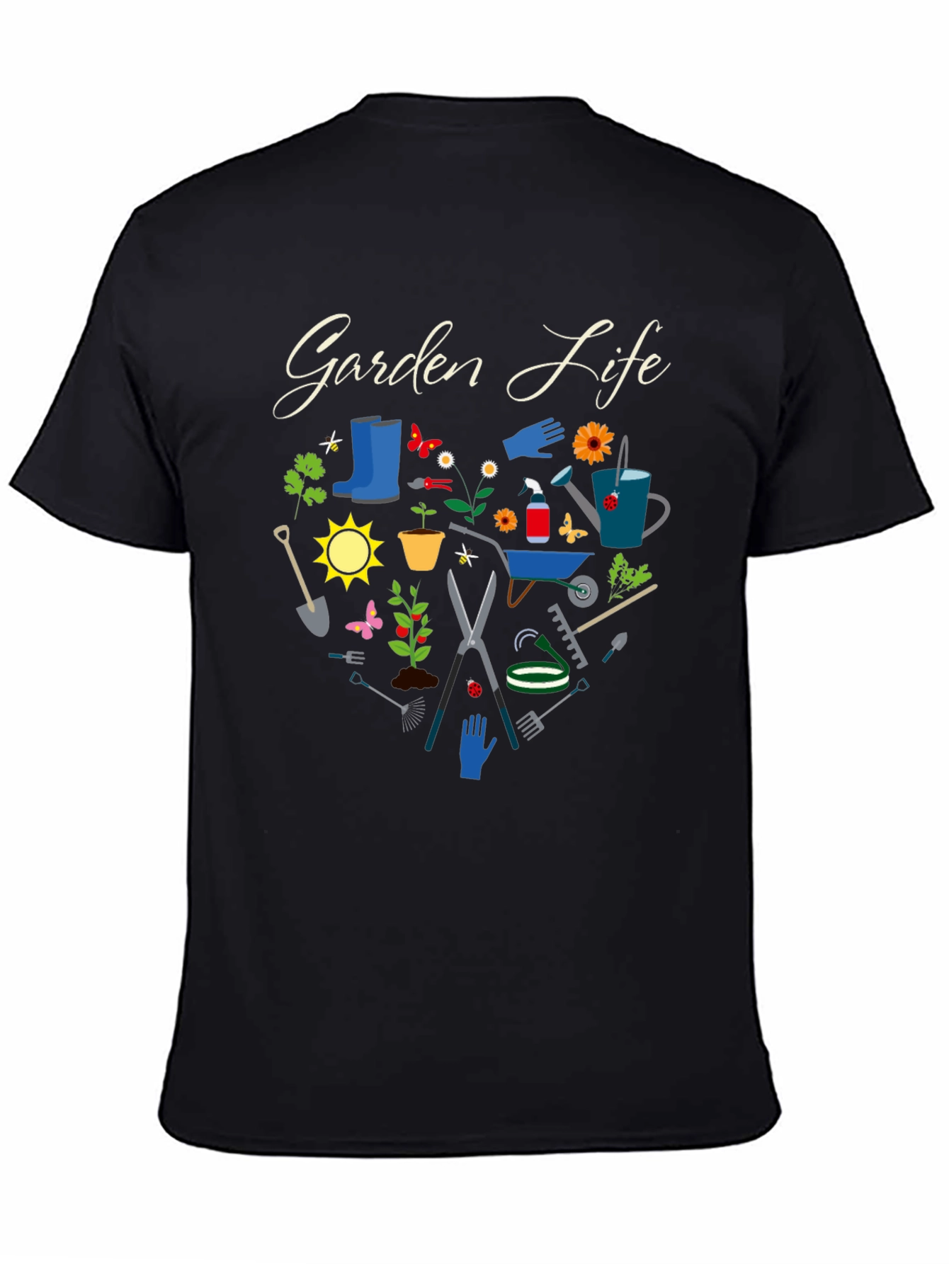 Black Garden Life Black T-Shirt: Gardening Tools Graphic Tee view 4