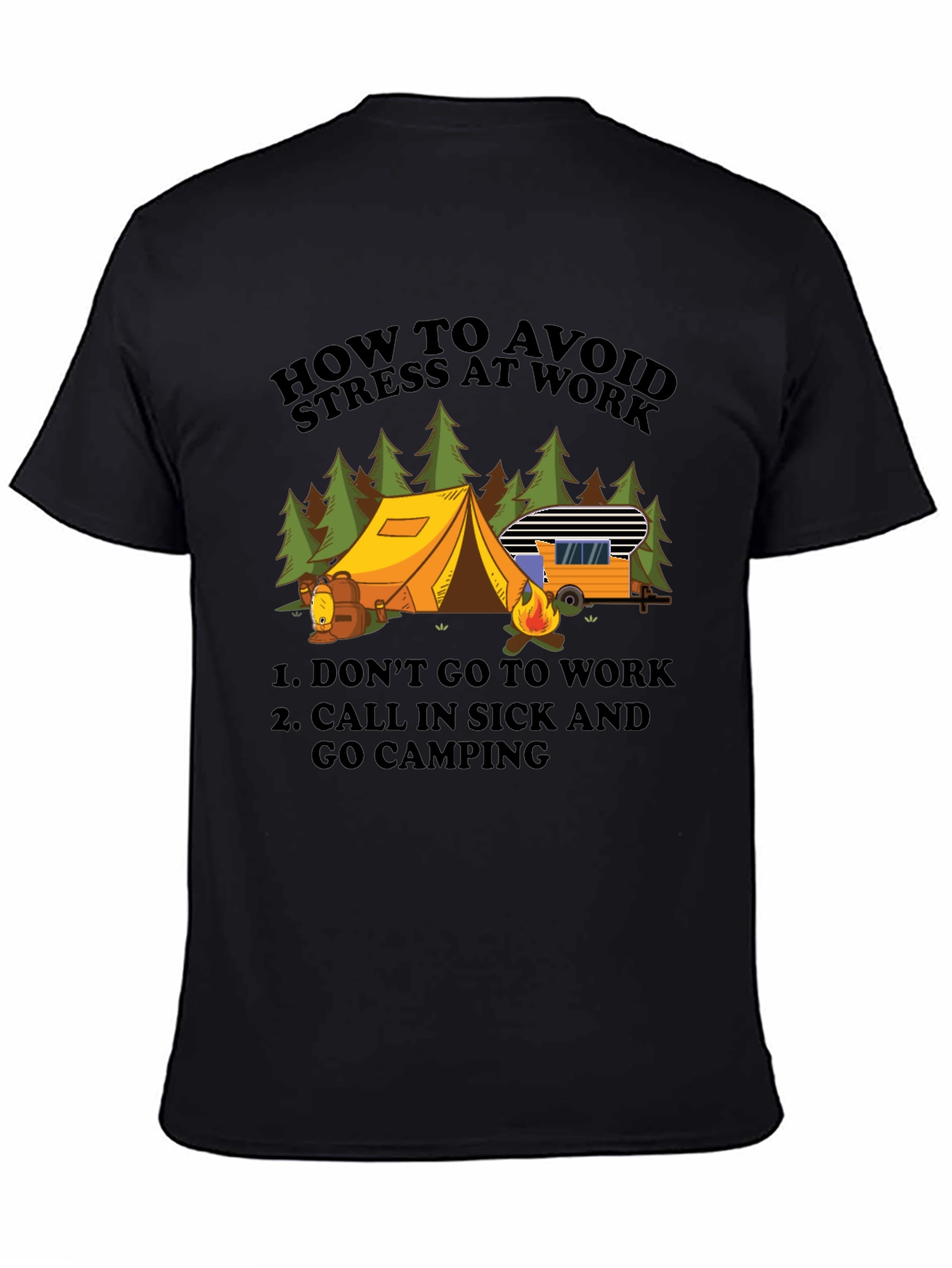 Black Avoid Stress Camping T-Shirt - Funny Vacation Tee view 4