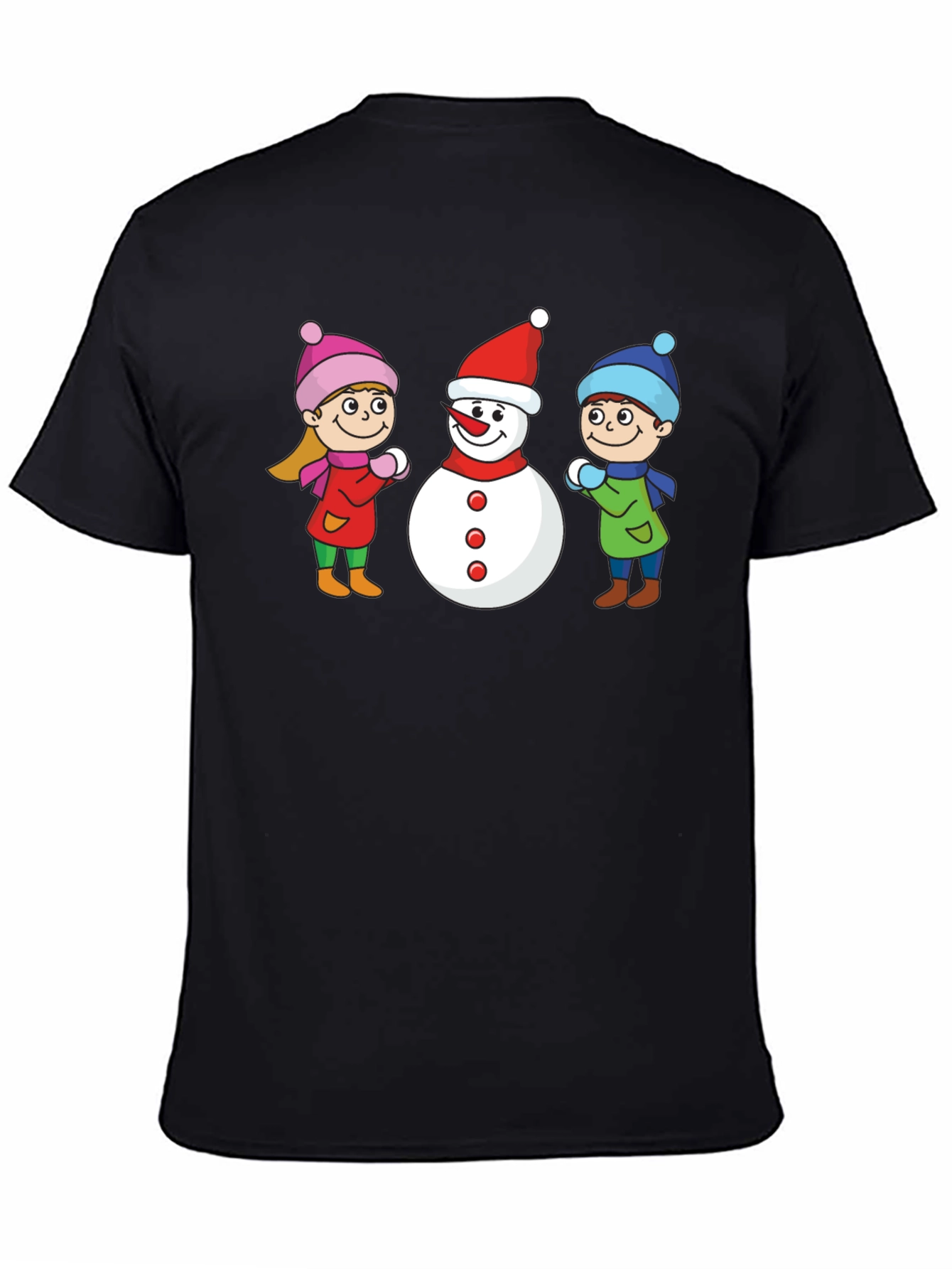 Black Winter Fun T-Shirt: Snowman & Kids Graphic Tee view 4