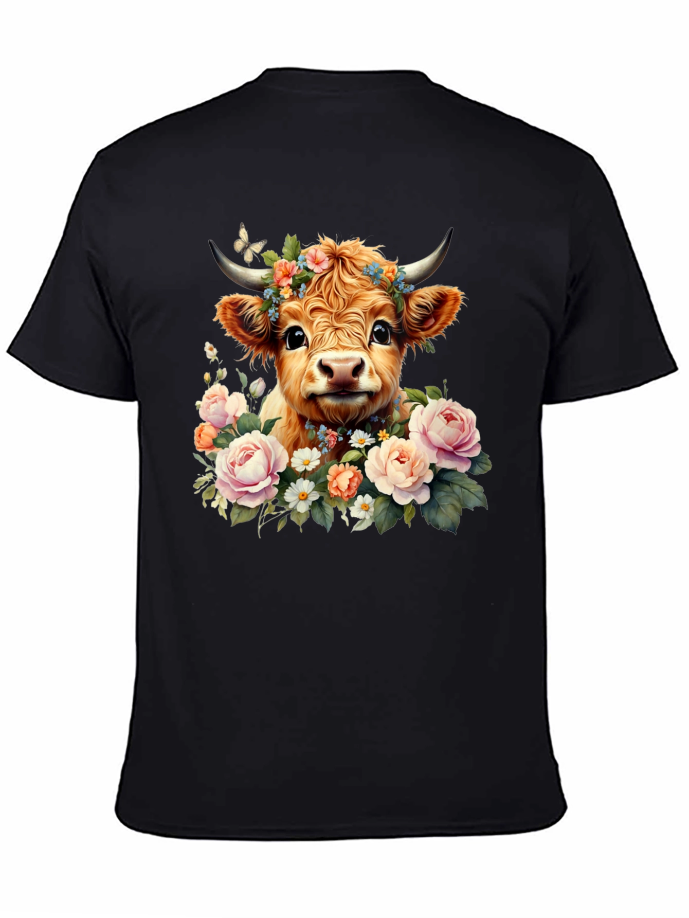Black Cute Cow with Flowers Black T-Shirt view 4