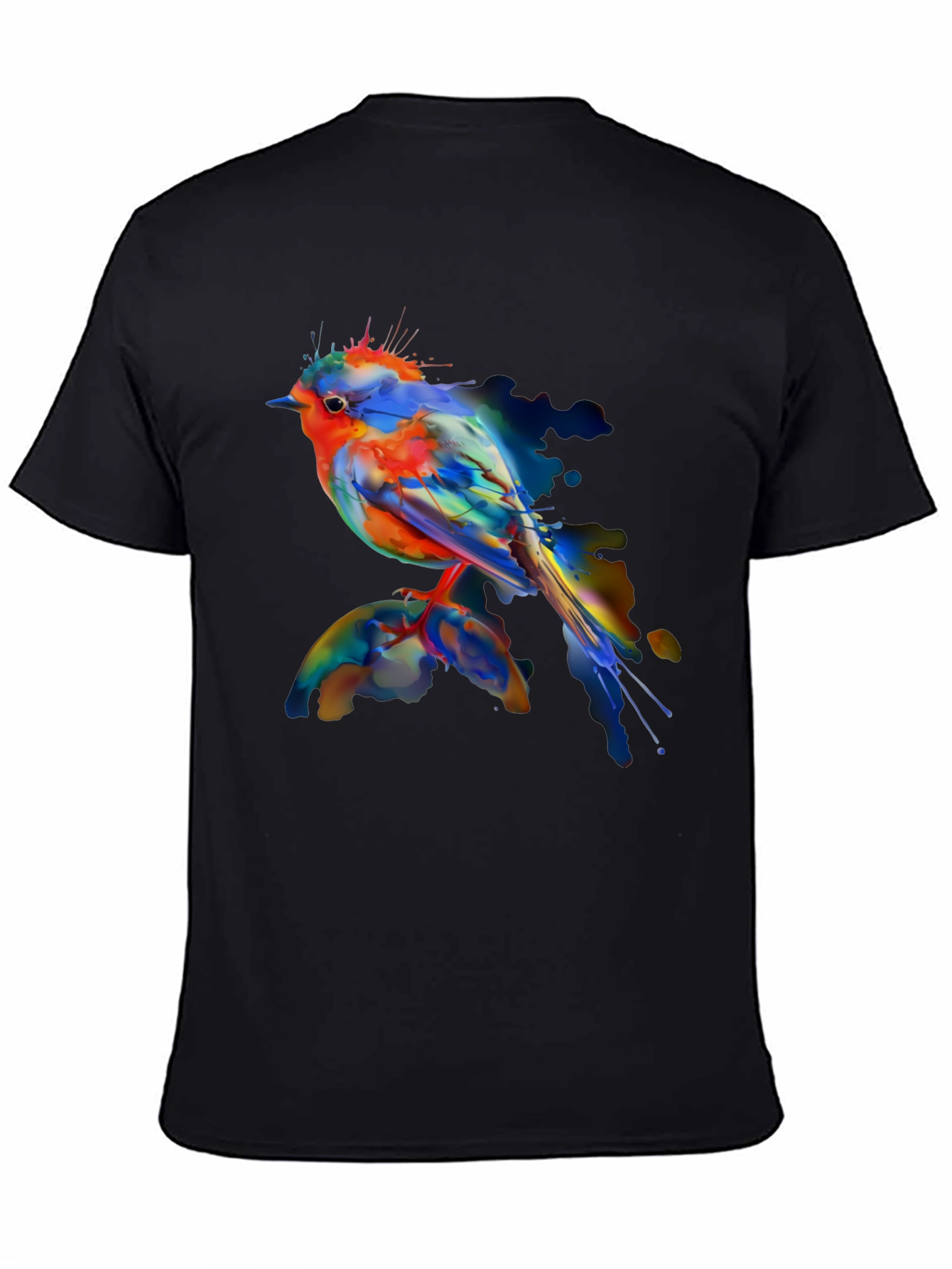 Black Watercolor Bird Print Black T-Shirt view 4