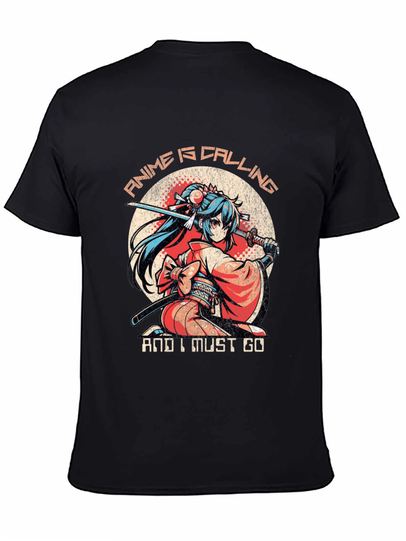 Black Anime Calling T-Shirt: Samurai Girl view 4