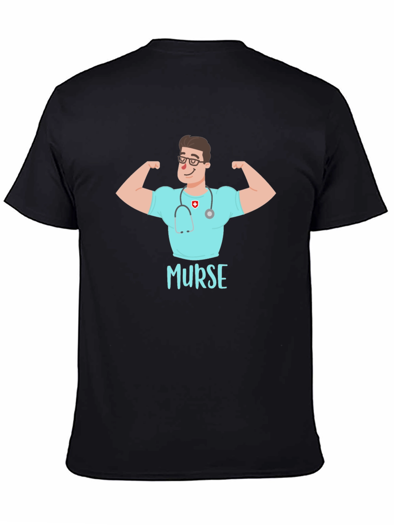 Black Murse T-Shirt - Muscular Nurse Cartoon Tee view 4