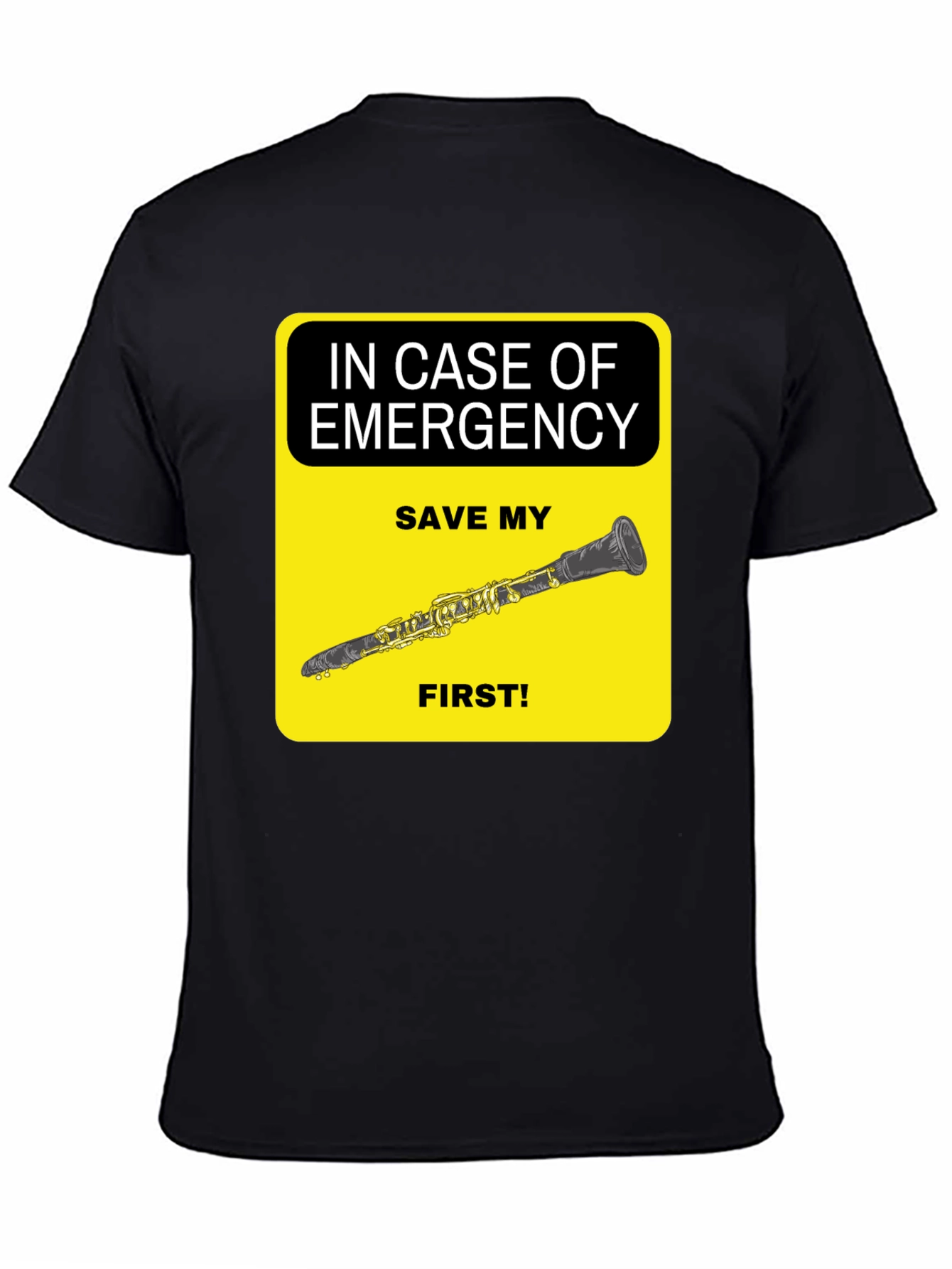 Black Emergency Clarinet T-Shirt - Save My Clarinet First! view 4