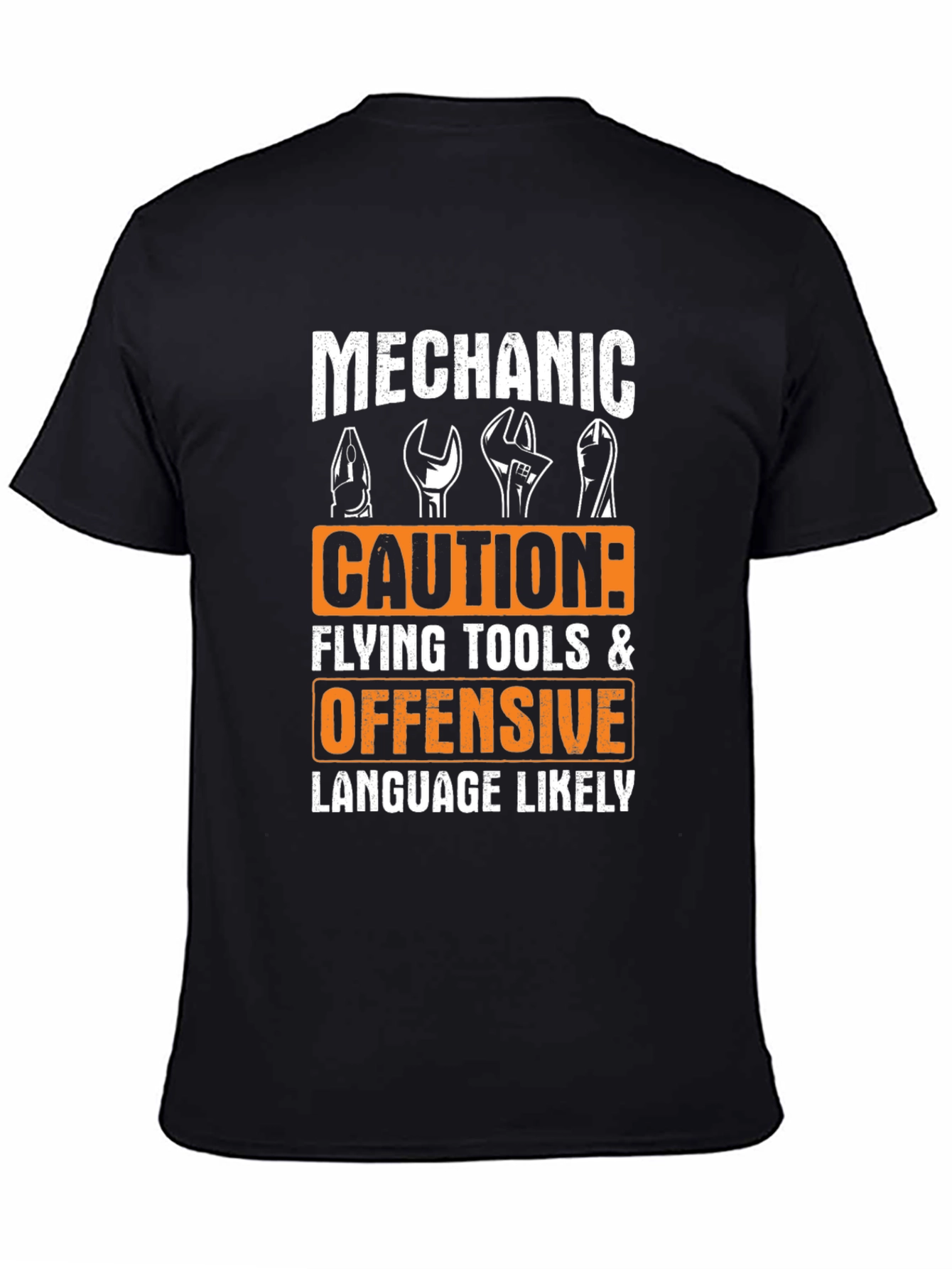 Black Mechanic Caution Offensive Language T-Shirt view 4