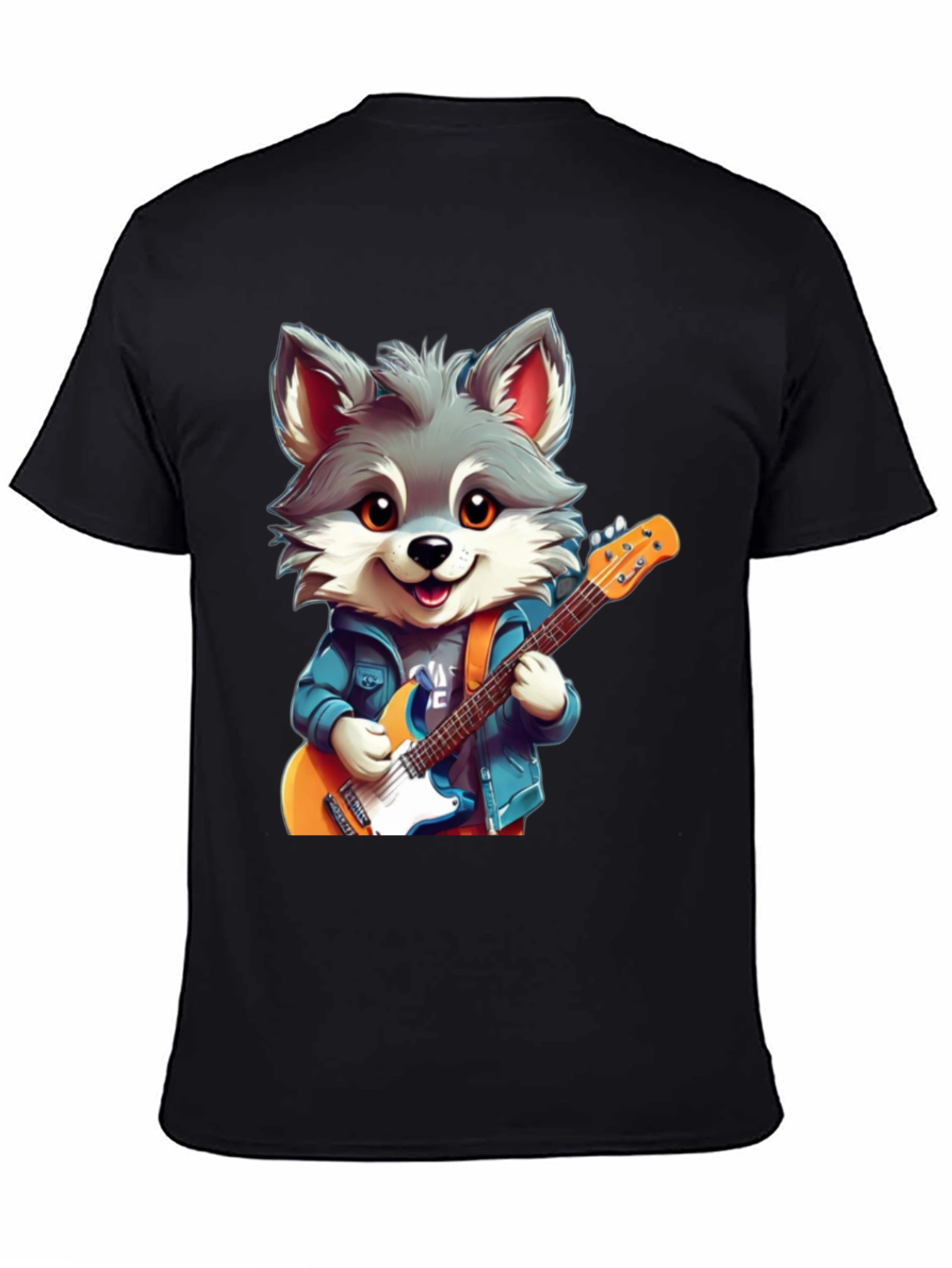 Black Cute Cartoon Wolf Guitarist Graphic Tee view 4