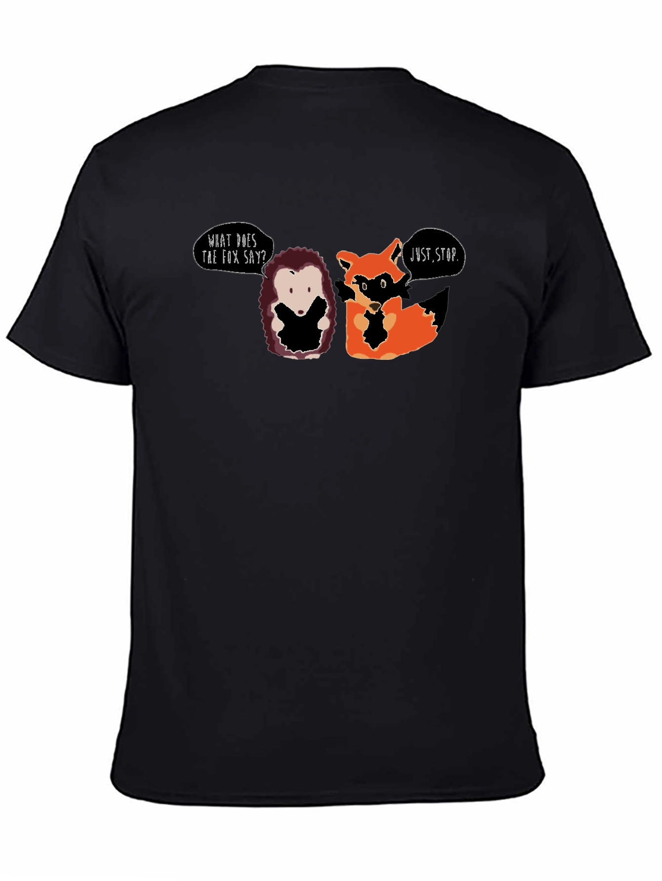 Black Funny Hedgehog & Fox T-Shirt - What Does the Fox Say? view 4