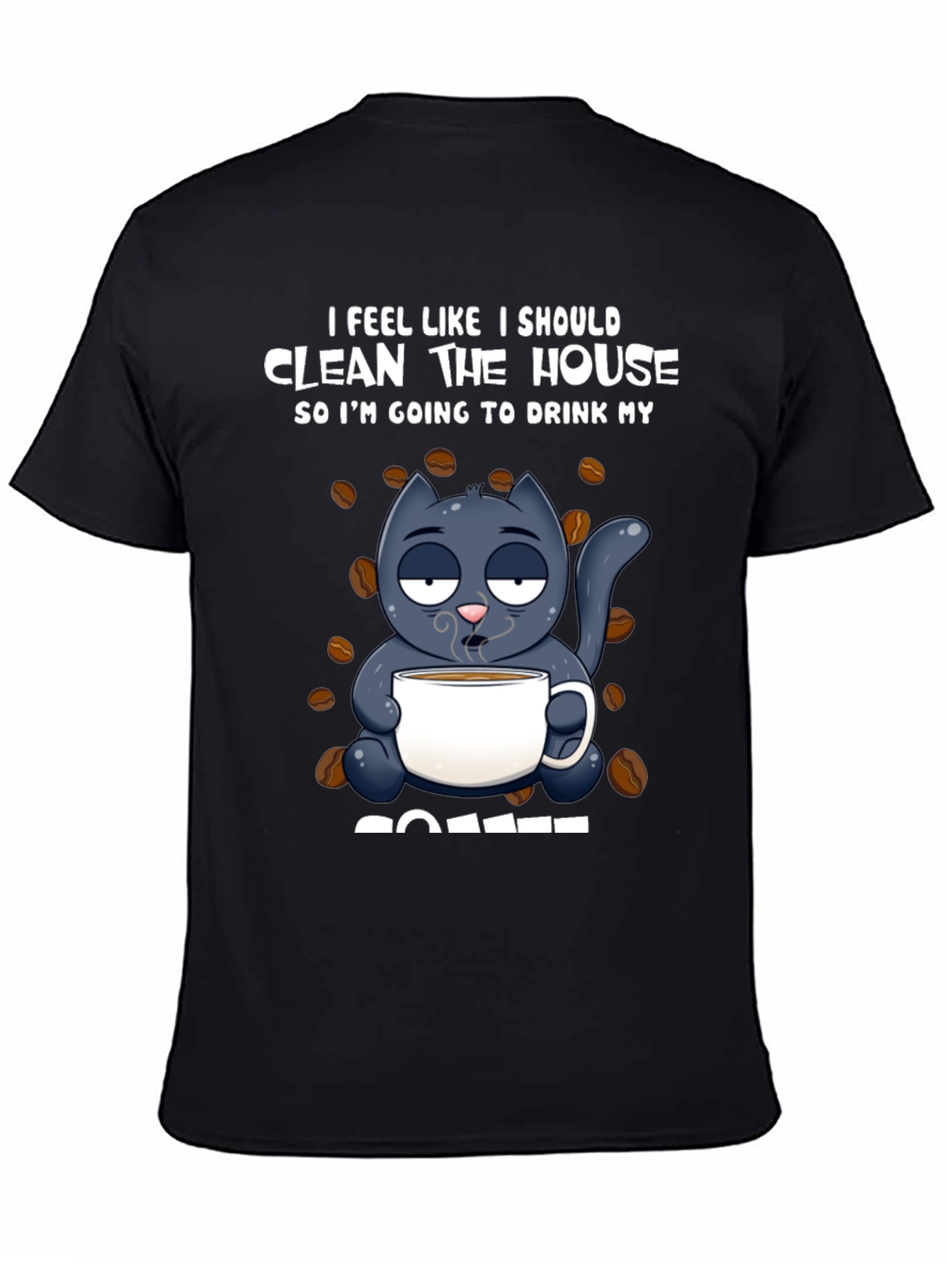 Black Humorous Cat & Coffee Graphic T-Shirt view 4