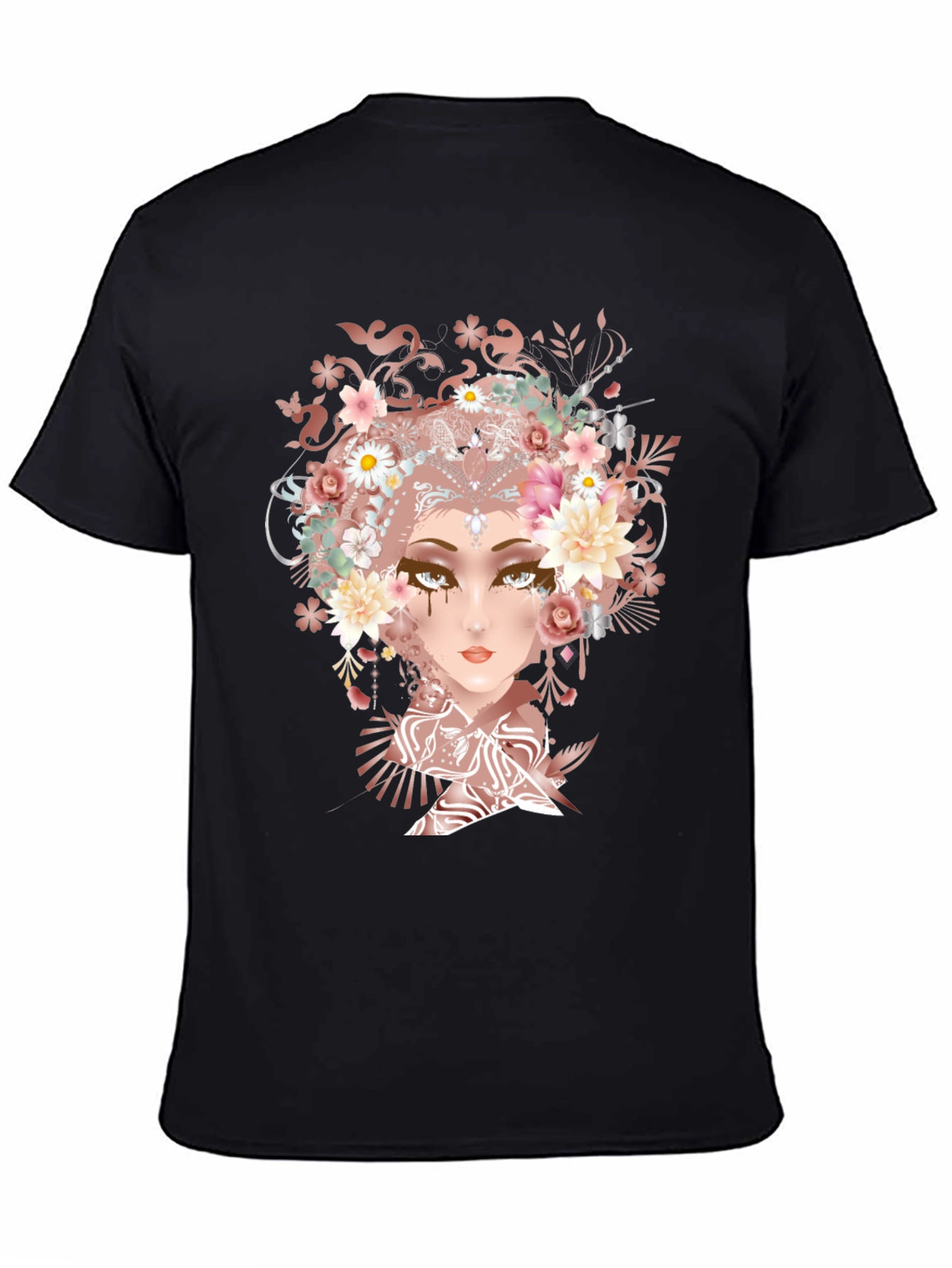 Black Floral Goddess Graphic Tee - Black Cotton T-Shirt view 4