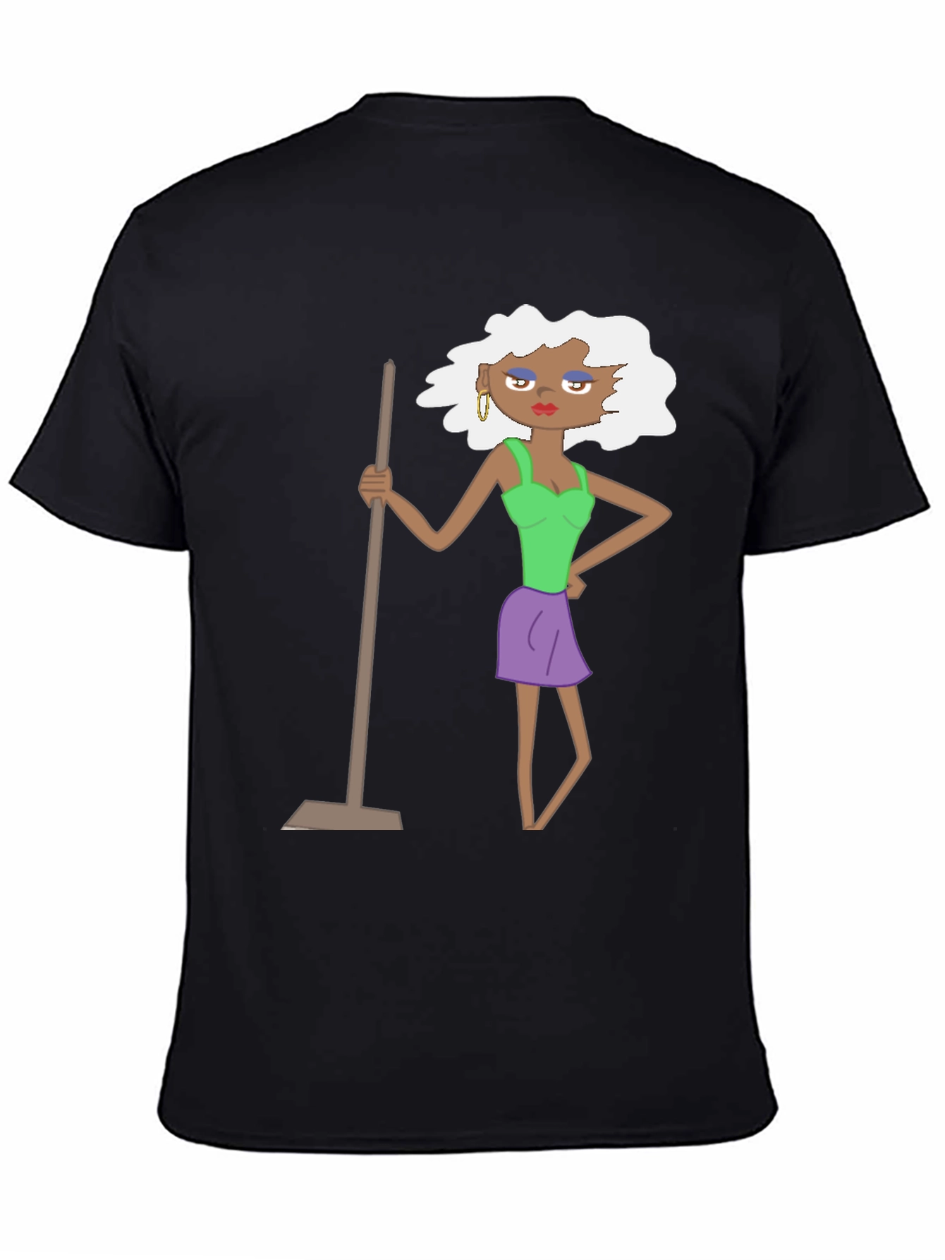 Black Funny Cartoon Woman on Black T-Shirt view 4
