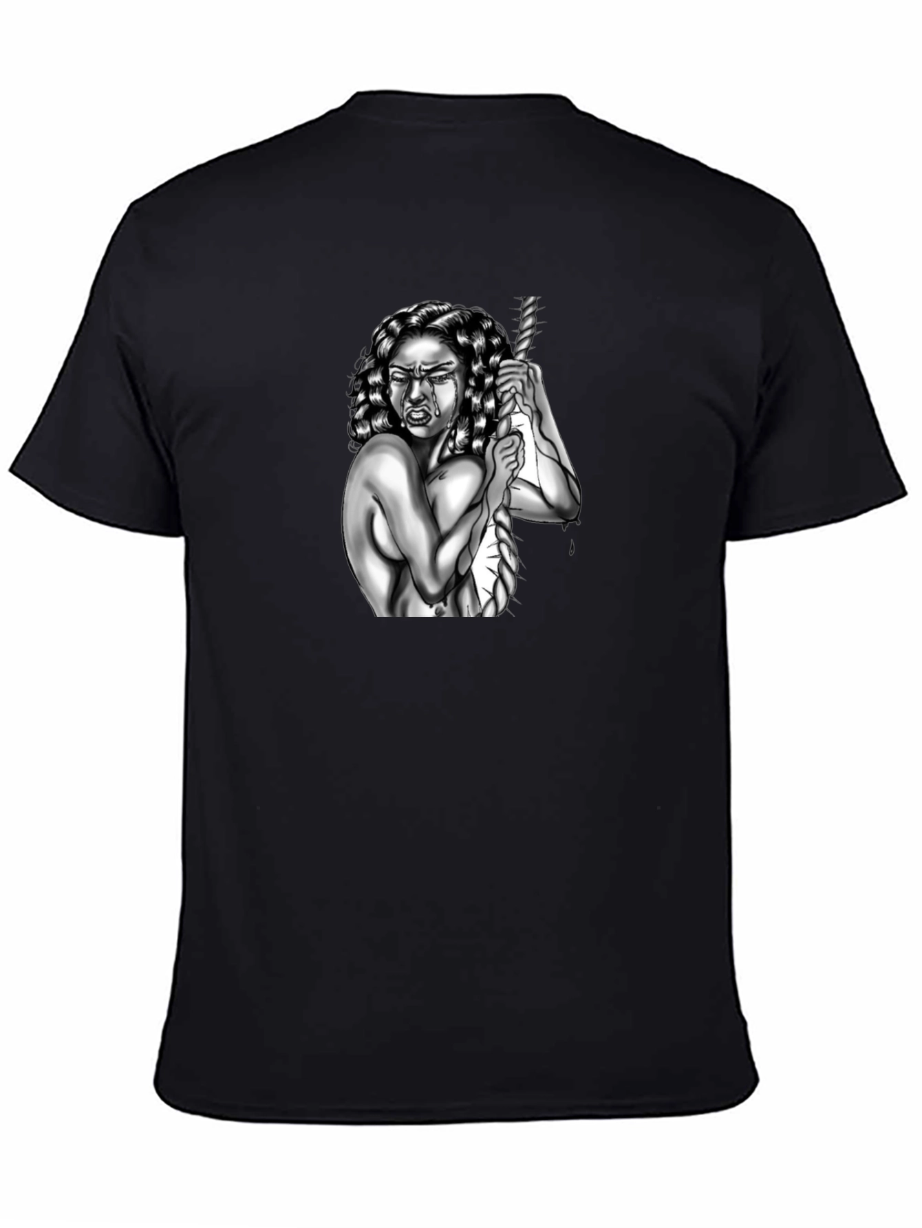 Black Edgy Graphic T-Shirt: Woman and Rope Design view 4